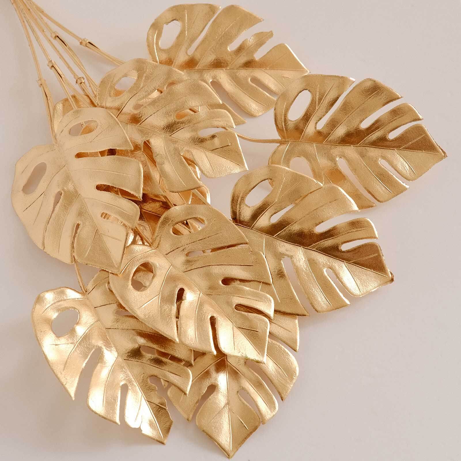 4-Pack Artificial Monstera Leaves Bushes Metallic Gold - Chic Faux Palm Leaf Decor Vase Filler for Hawaiian Jungle Tropical Themed Weddings Parties & Events 14"