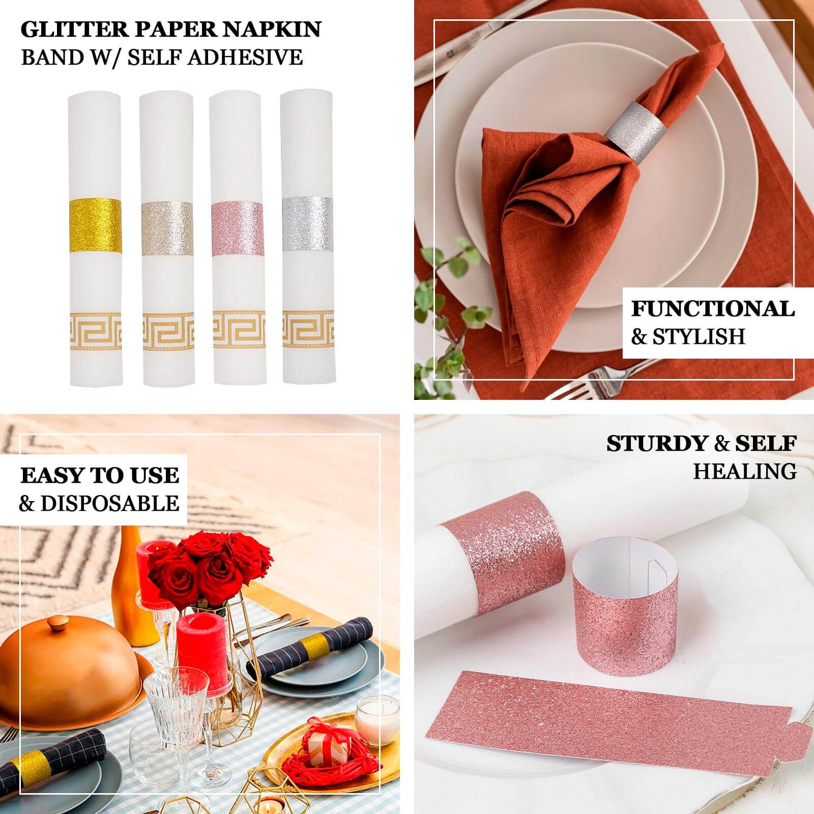 50-Pack Paper Napkin Rings Silver Glitter - Stylish Disposable Napkin Holders 1.5"