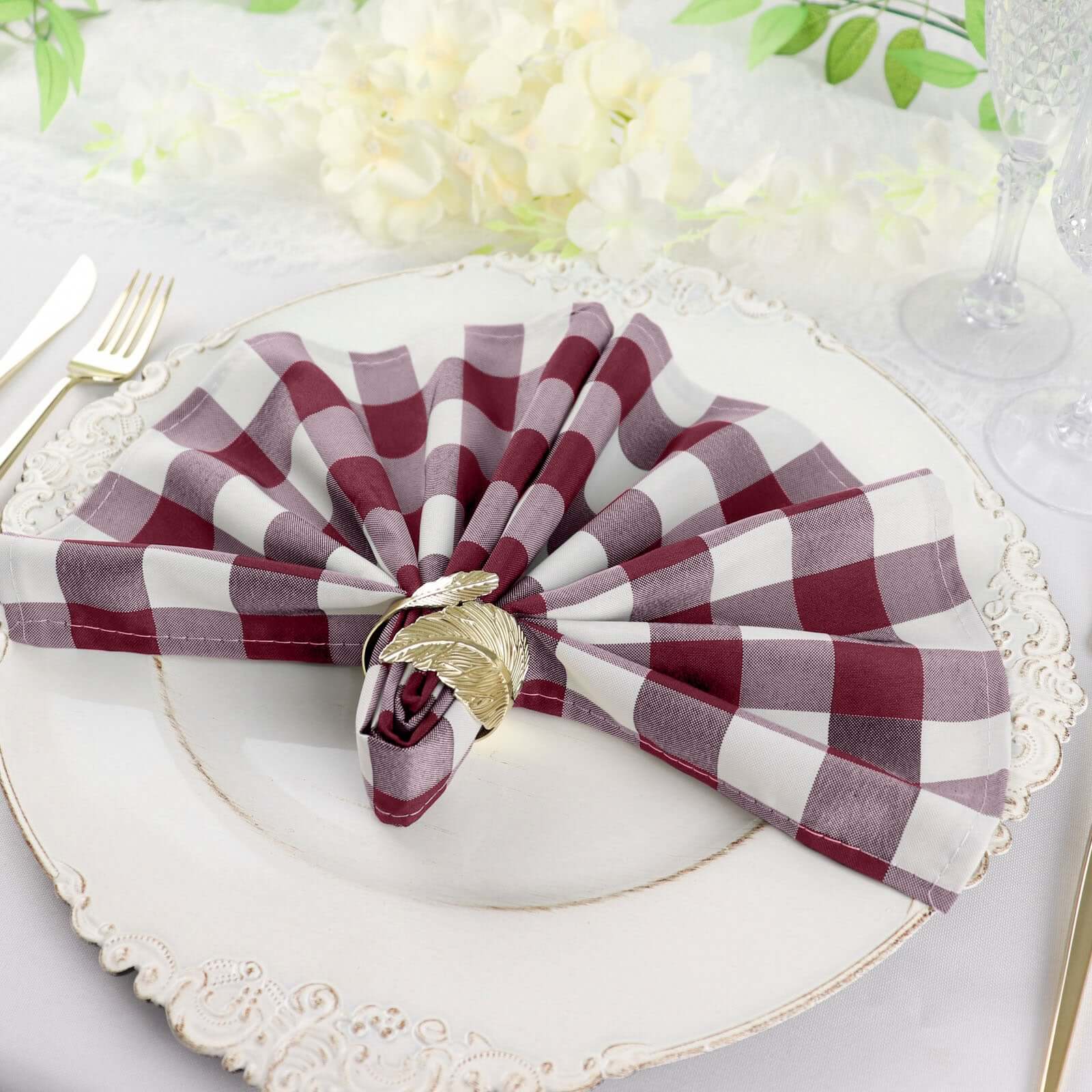 5 Pack Polyester 15"x15" Napkins Burgundy/White Buffalo Plaid Gingham Style Cloth Napkins