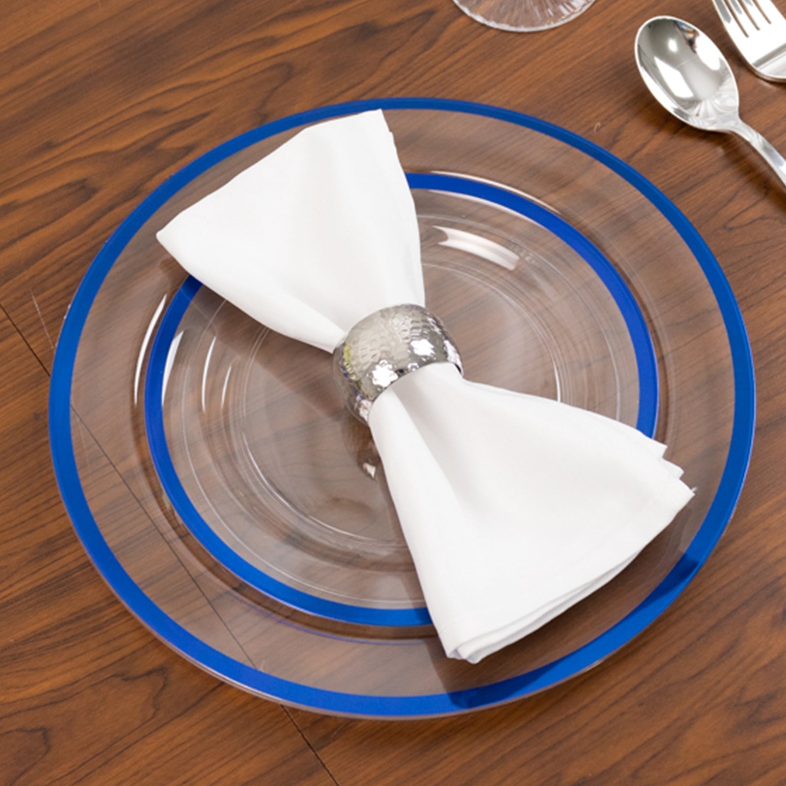 10-Pack Plastic 7" Round Appetizer Plates in Clear with Blue Rim - Sleek Disposable Salad Plates for Banquets & Special Occasions