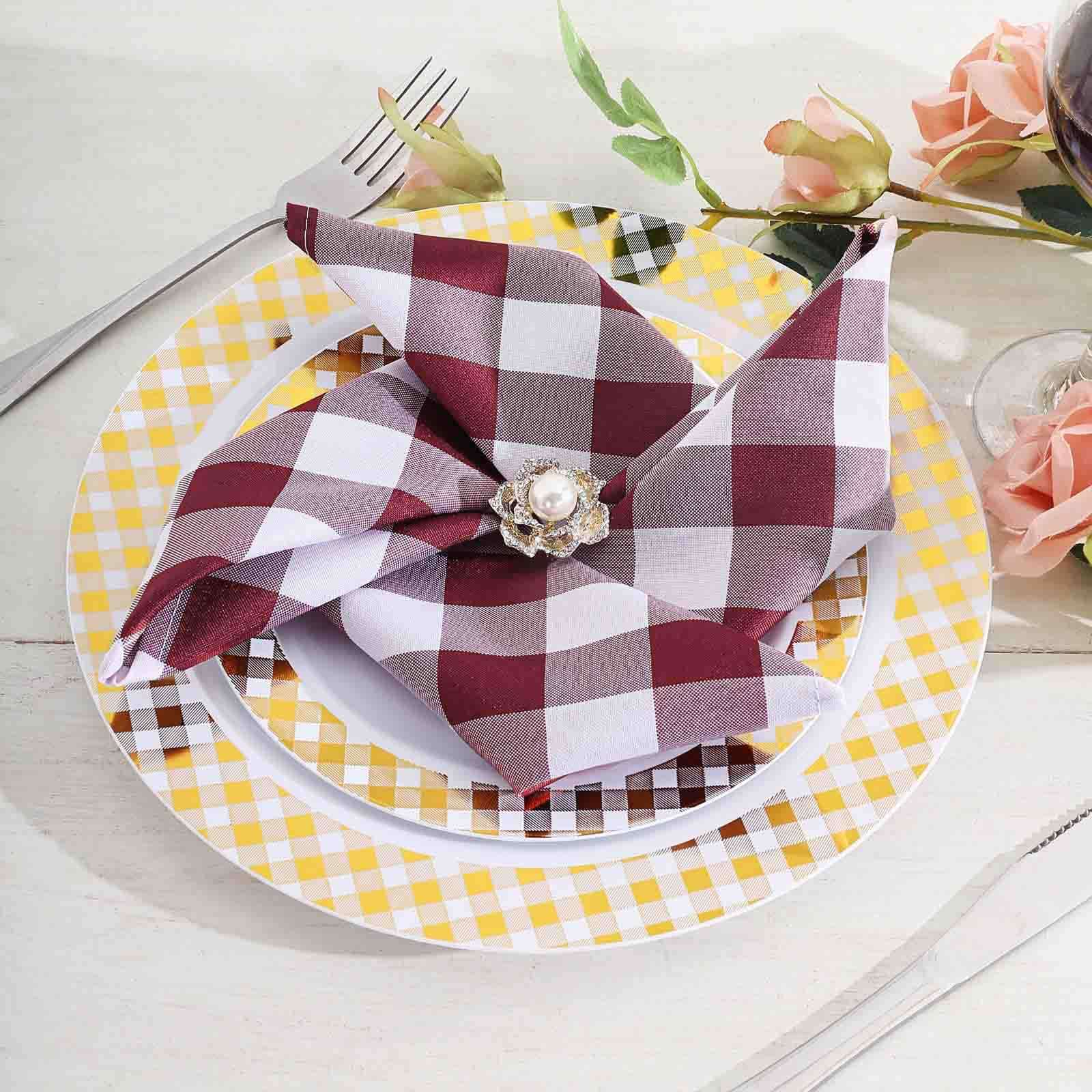 5 Pack Polyester 15"x15" Napkins Burgundy/White Buffalo Plaid Gingham Style Cloth Napkins