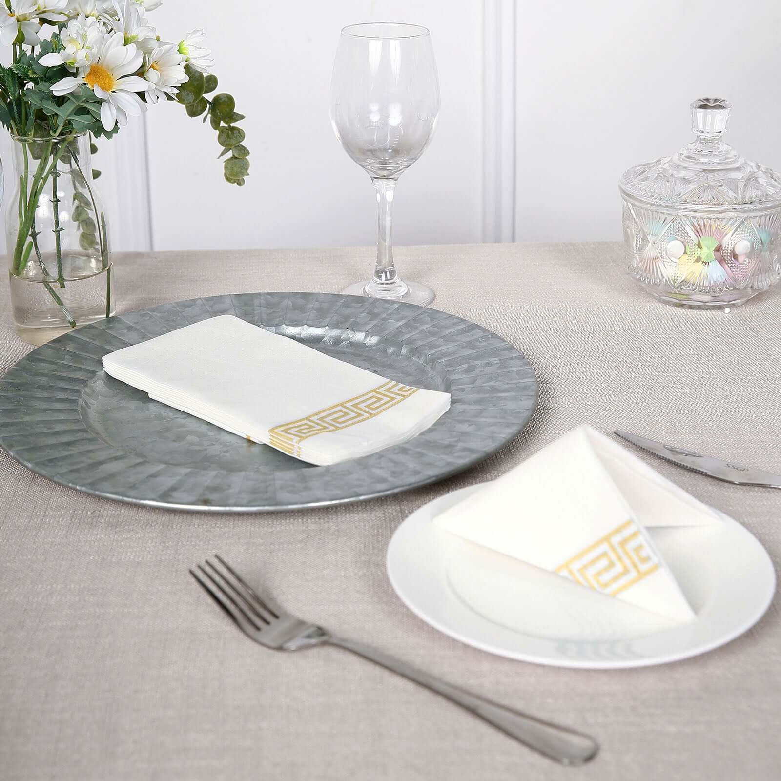 25 Pack Linen-Like Paper 8"x4" Napkins White with Gold Greek Key Design - Soft & Absorbent Airlaid Hand Towels for Exquisite Weddings & Events