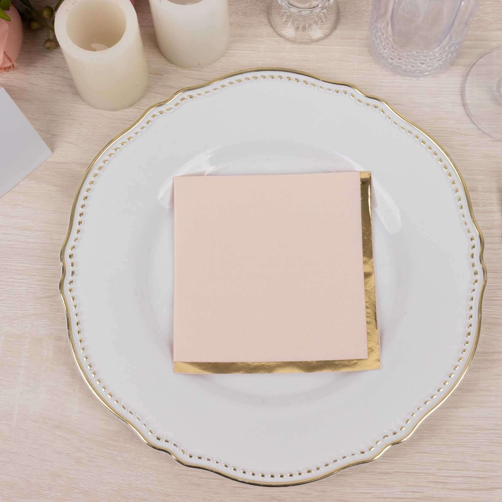 50-Pack Paper Beverage Napkins Blush with Gold Foil Edge - 2 Ply Disposable Soft 18GSM Cocktail Napkins 5"x5"