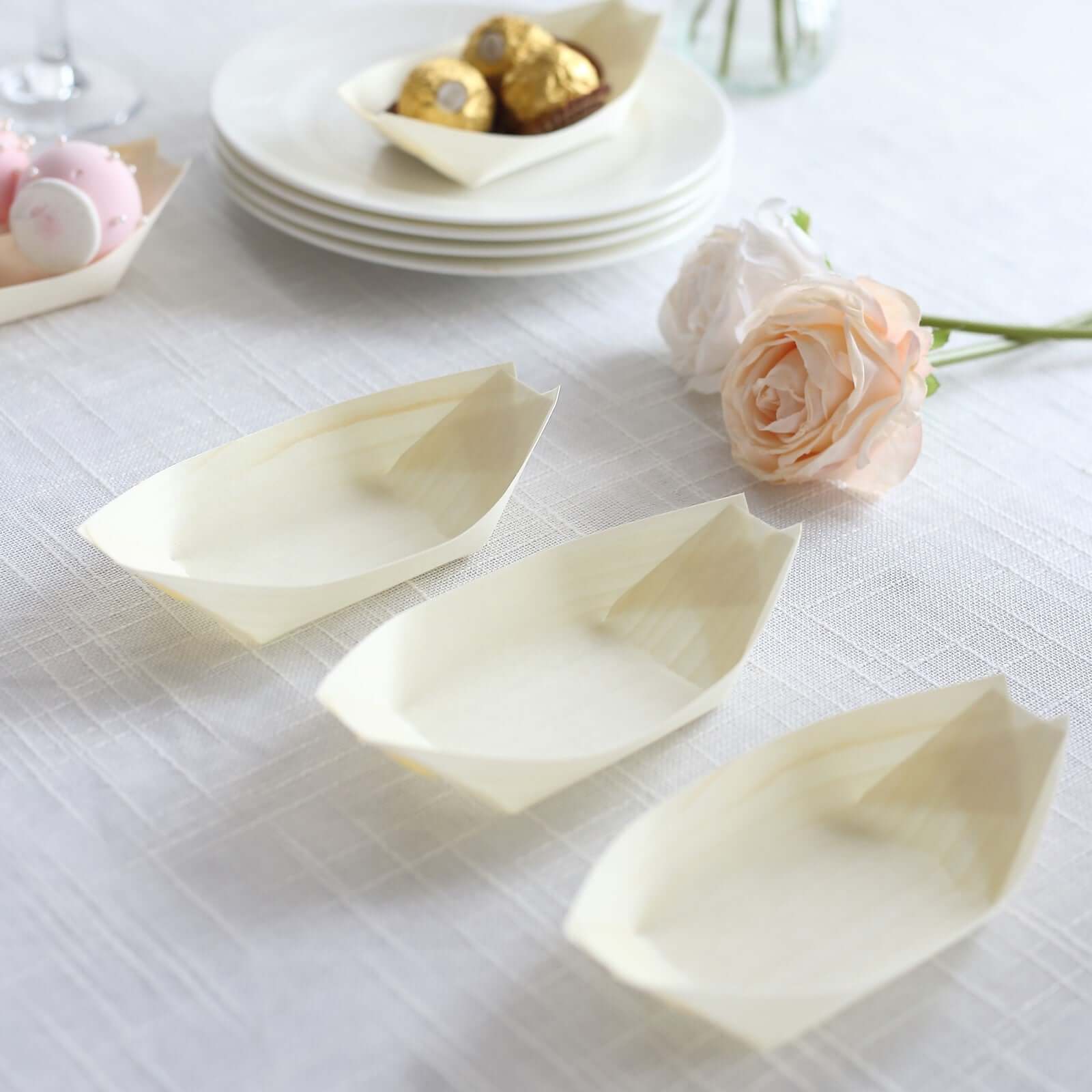 50-Pack Pine Wood Boat Shaped Food Trays Natural Compostable Design - 100% Biodegradable Sushi Snack Plates 6"