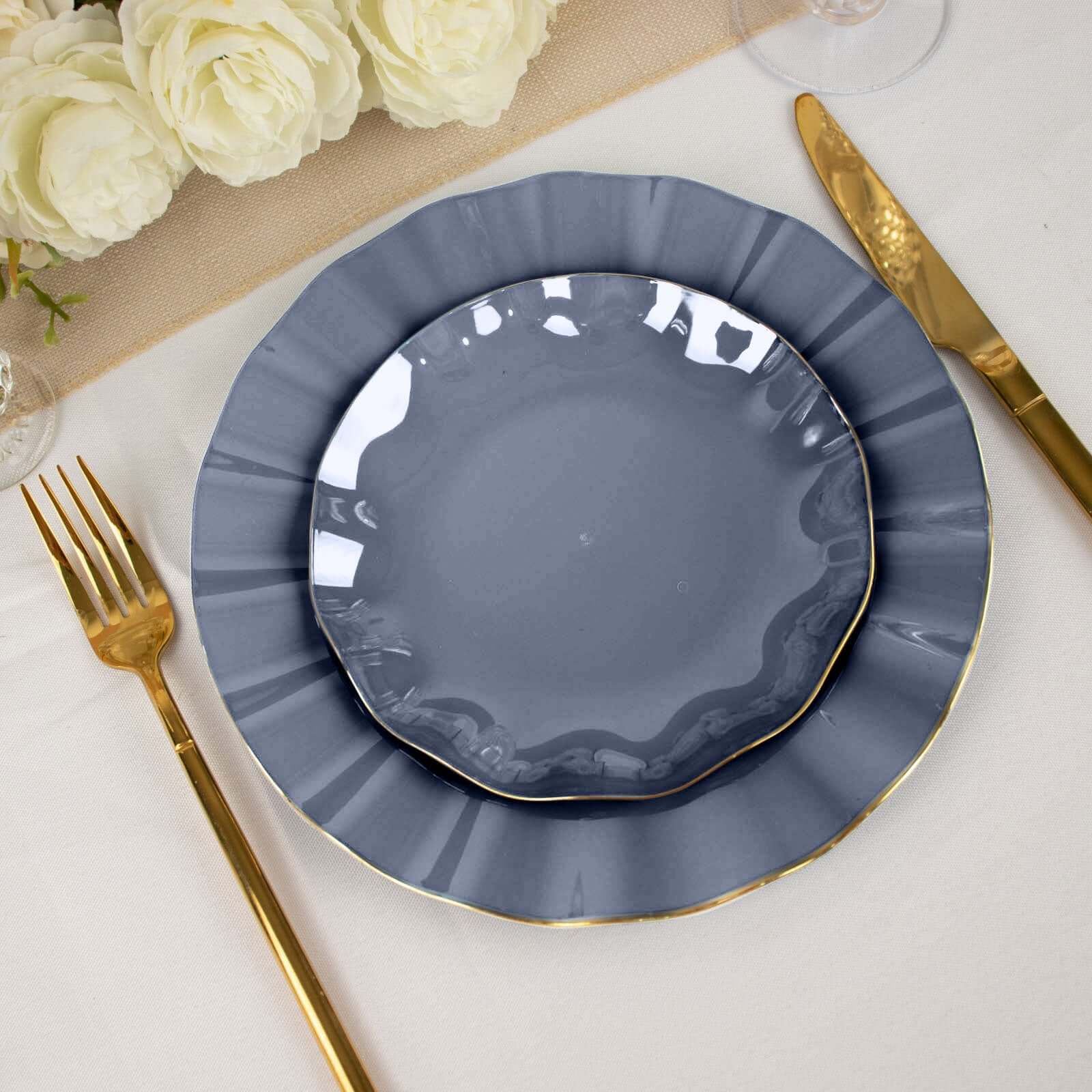 10-Pack Plastic Round 6" Dessert Plates in Navy Blue Ruffled Rim with Gold Edging - Sturdy Disposable Salad Appetizer Dinnerware
