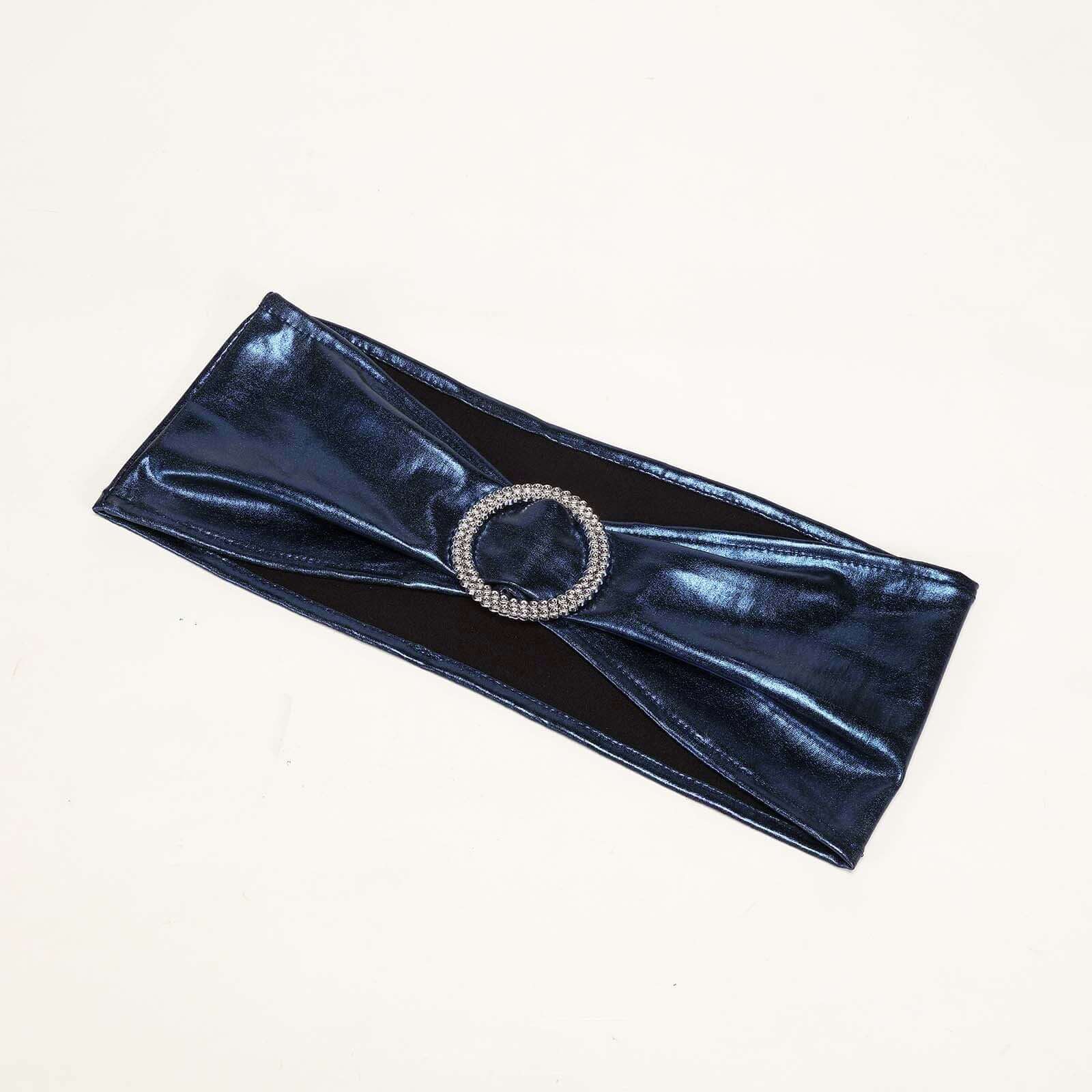 5 Pack Metallic Spandex Chair Sashes Navy Blue - Stretch Fit Chair Bands With Round Diamond Buckles