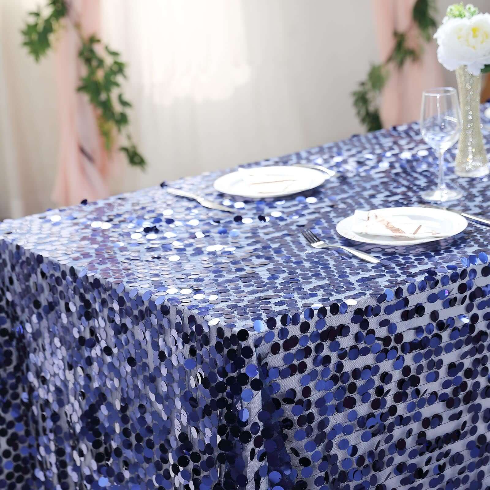 Sequin 90"x132" Rectangle Tablecloth Navy Blue - Seamless Big Payette Table Cover