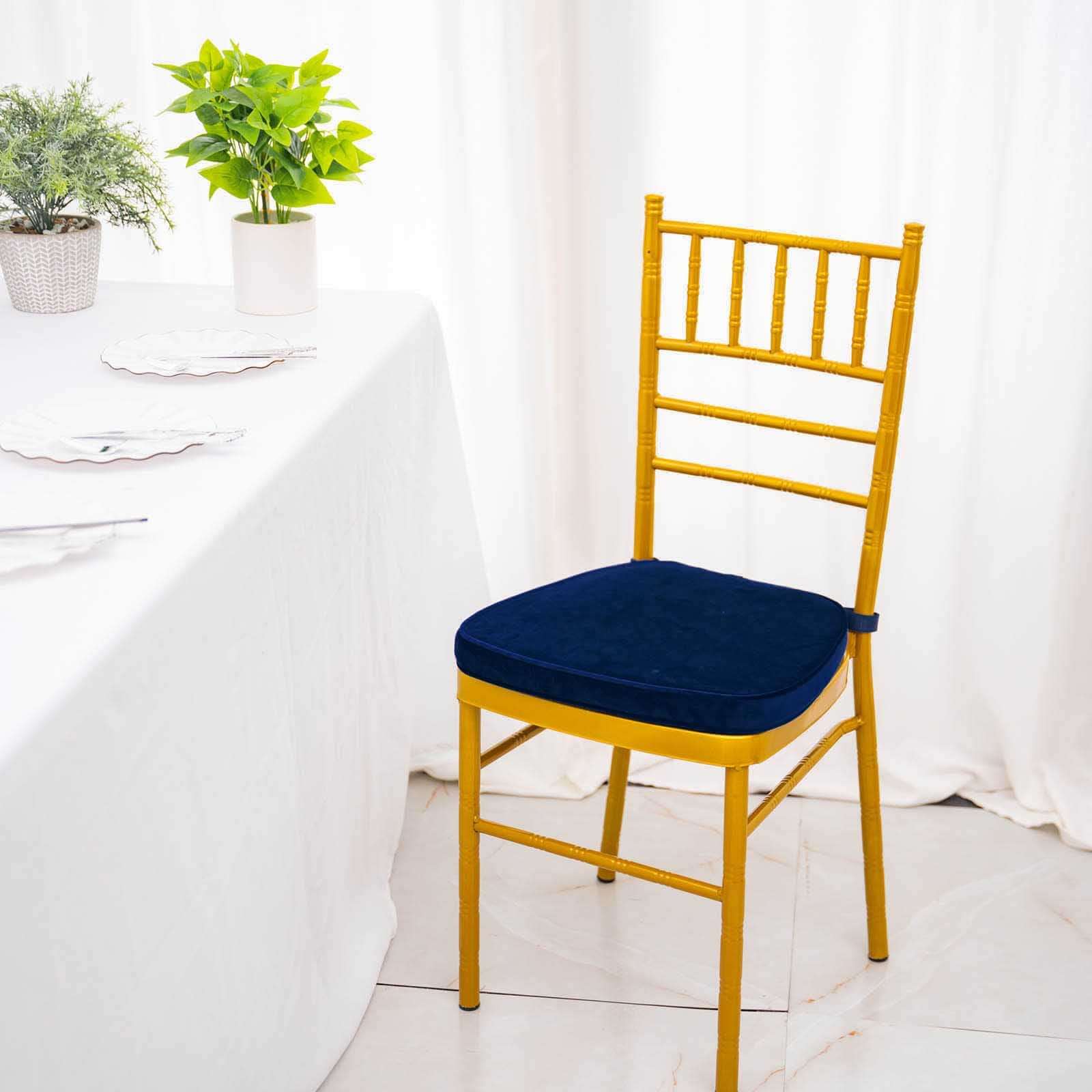 Velvet Chair Cushion with 2" Thick Memory Foam and Ties Navy Blue - Removable Cover for Chiavari Chairs