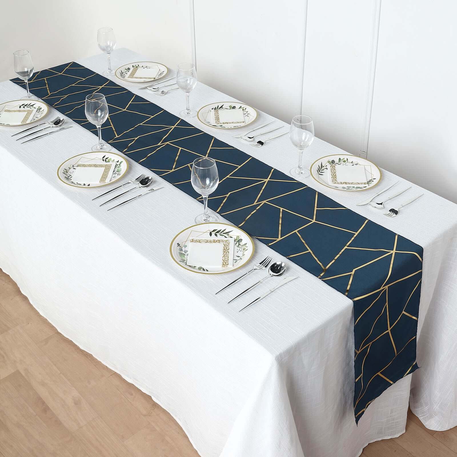 Polyester 9ft Table Runner Navy Blue with Gold Foil Modern Geometric Accent