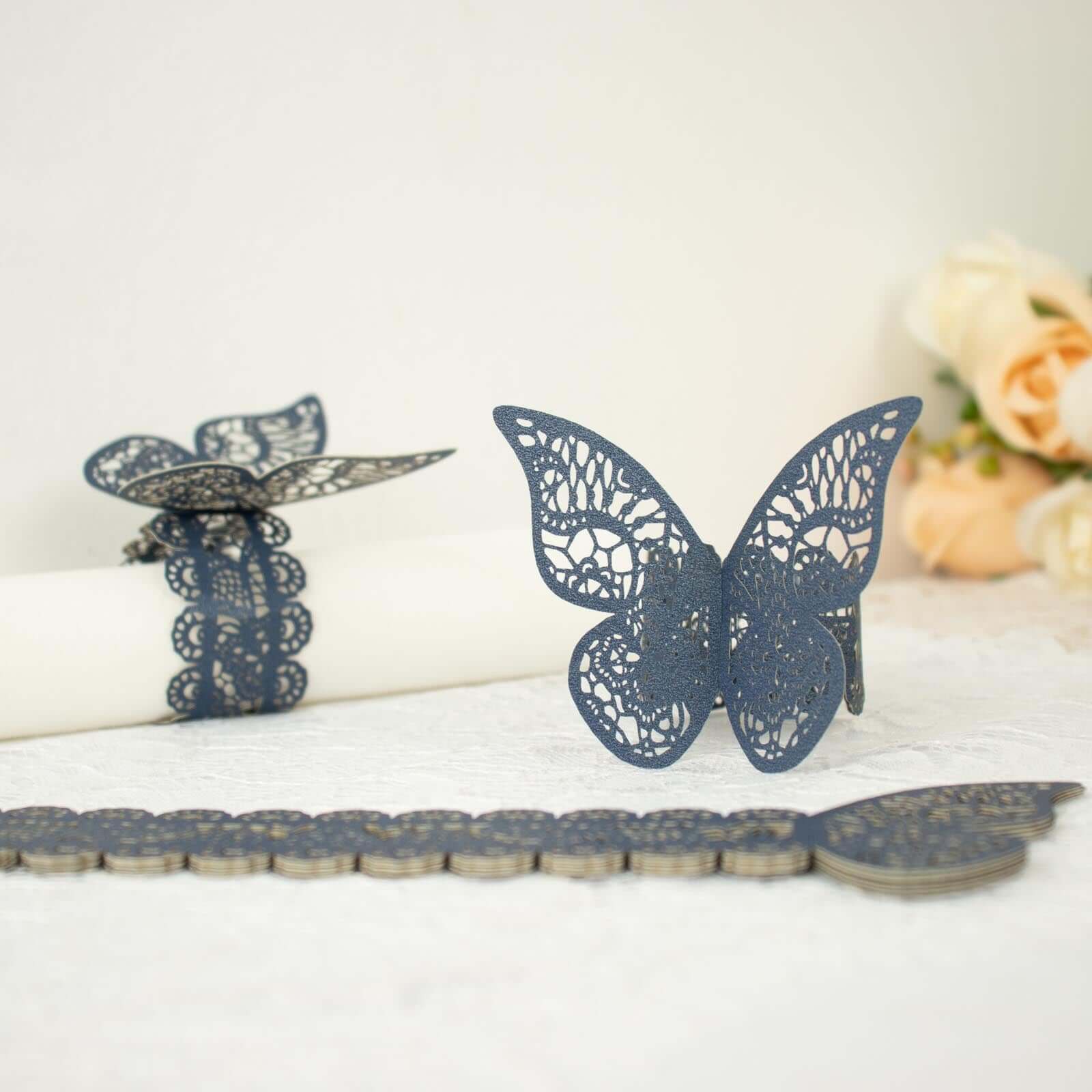 12-Pack Paper Napkin Rings Laser Cut Butterfly Navy Blue Shimmery - Decorative Serviette Holders