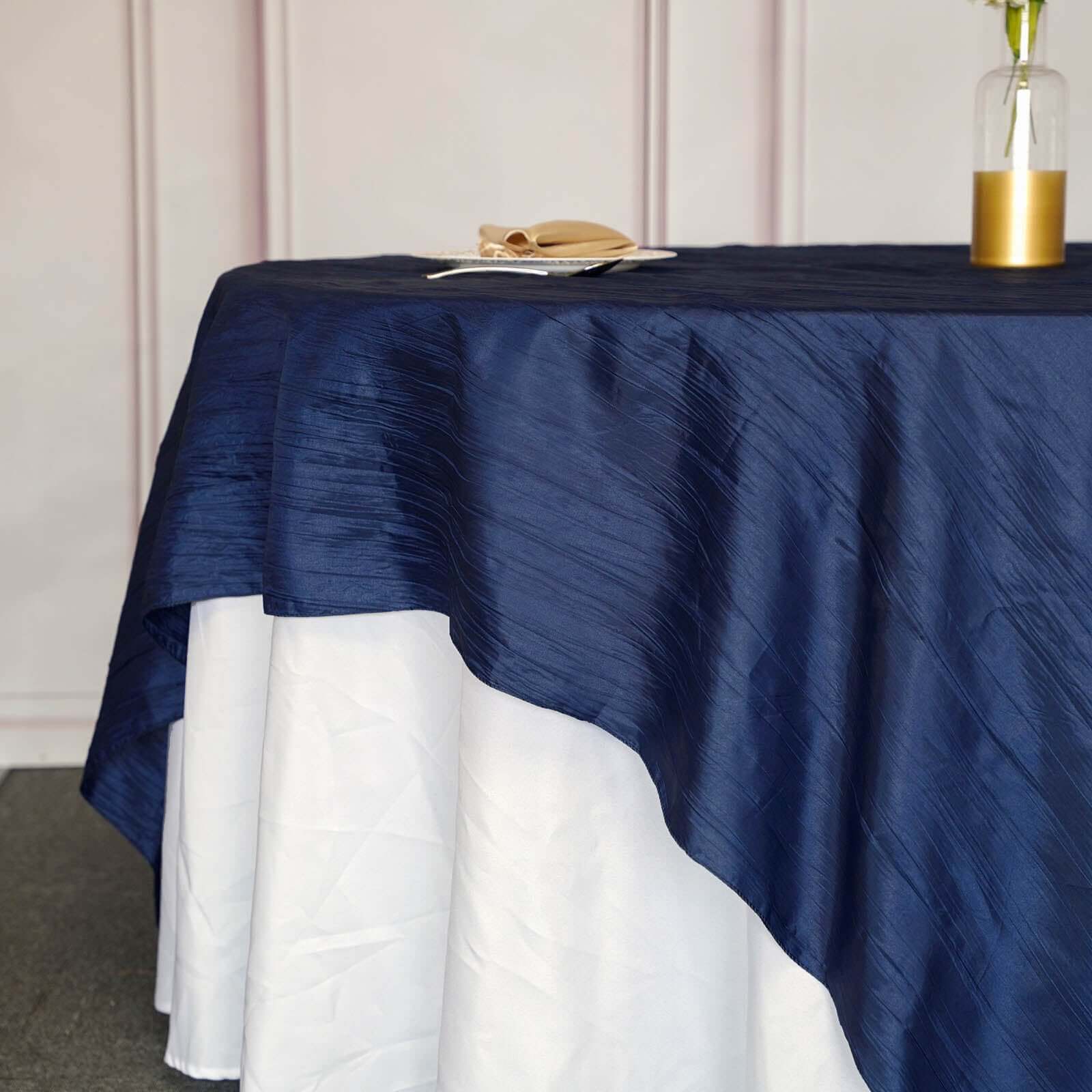 Taffeta 90"x90" Table Overlay Square Tablecloth Navy Blue - Accordion Crinkle Table Cover