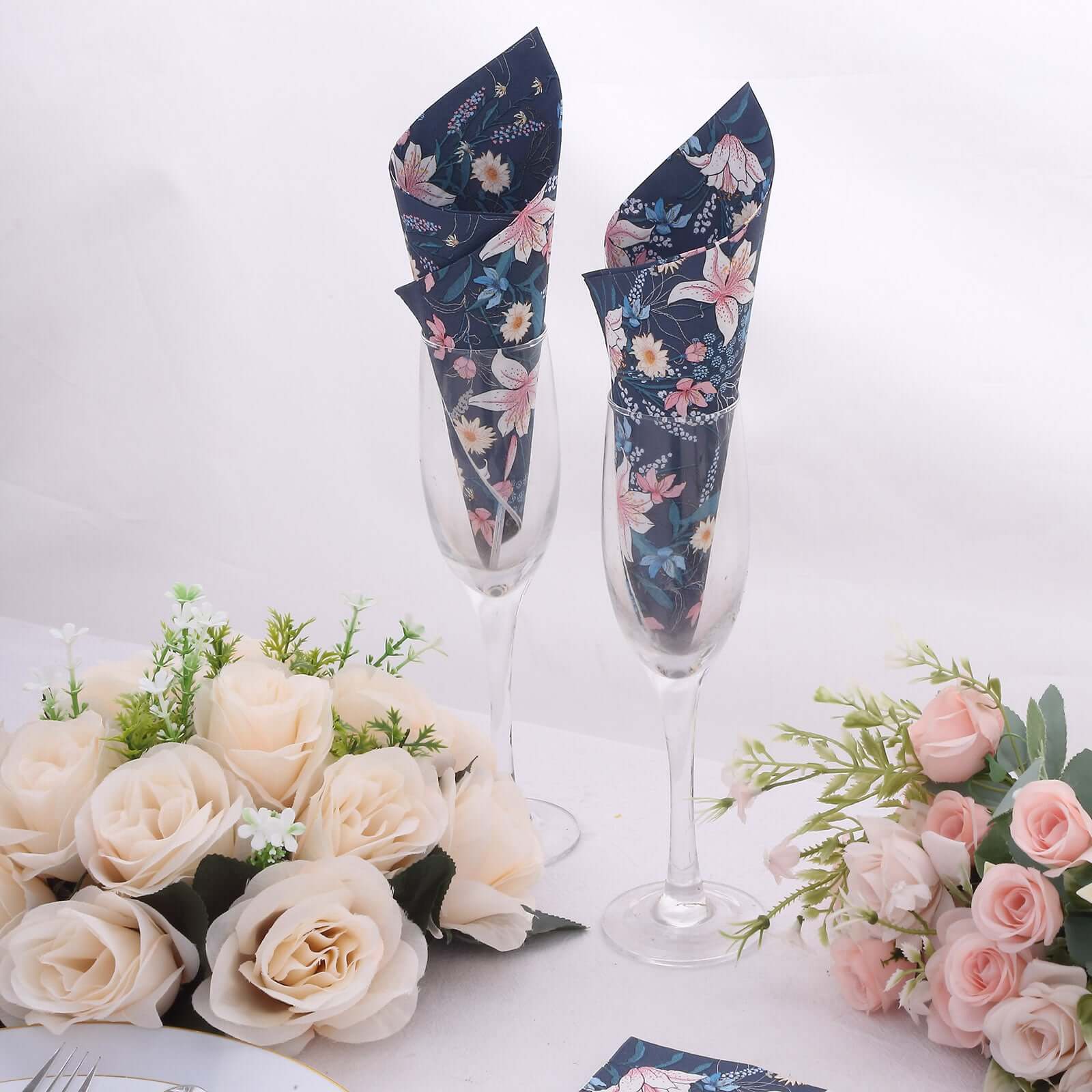 50-Pack Paper Beverage Napkins with Water Lily Floral Design Navy Blue - 2 Ply Soft 18GSM Wedding Napkins 6.5"x6.5"