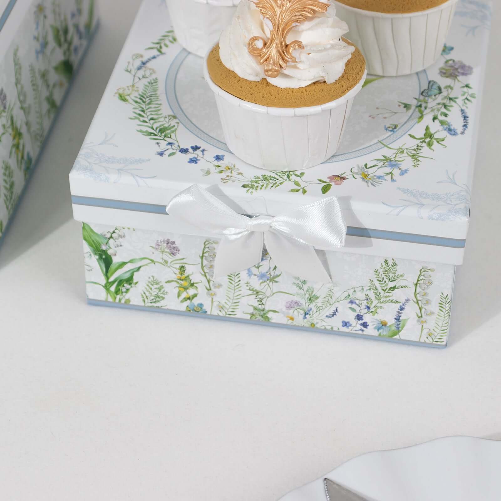 Set of 4 Cardstock Round Nesting Gift Boxes White Green Floral Design - Decorative Heavy Duty Stackable Keepsake Boxes With Lids for Presents Storage & Pedestal Stand 5",7",8",9"