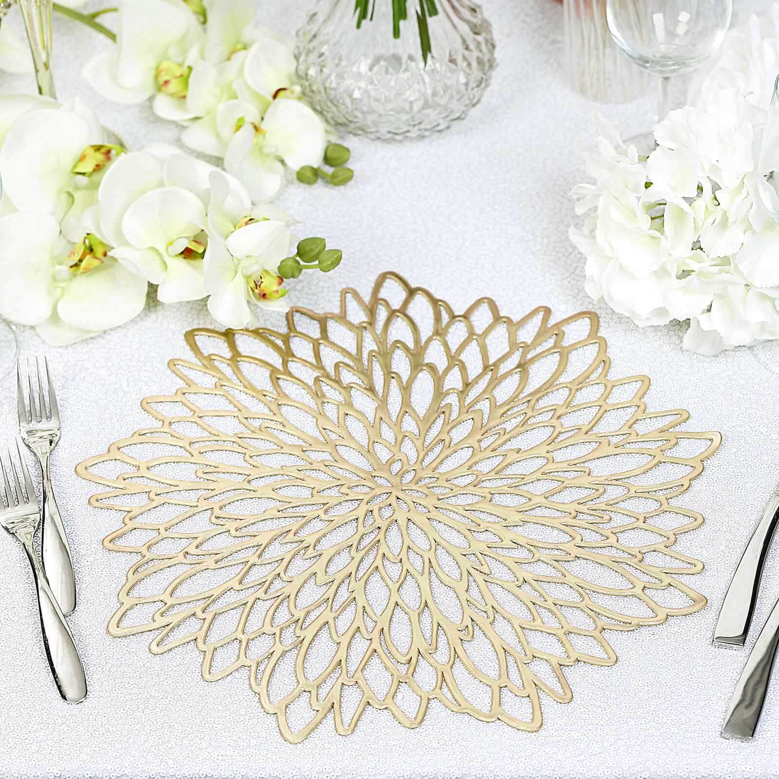 6-Pack Dining Table Mats Floral Design Gold - Metallic Vinyl Round Non-Slip Mats for Tables 15"
