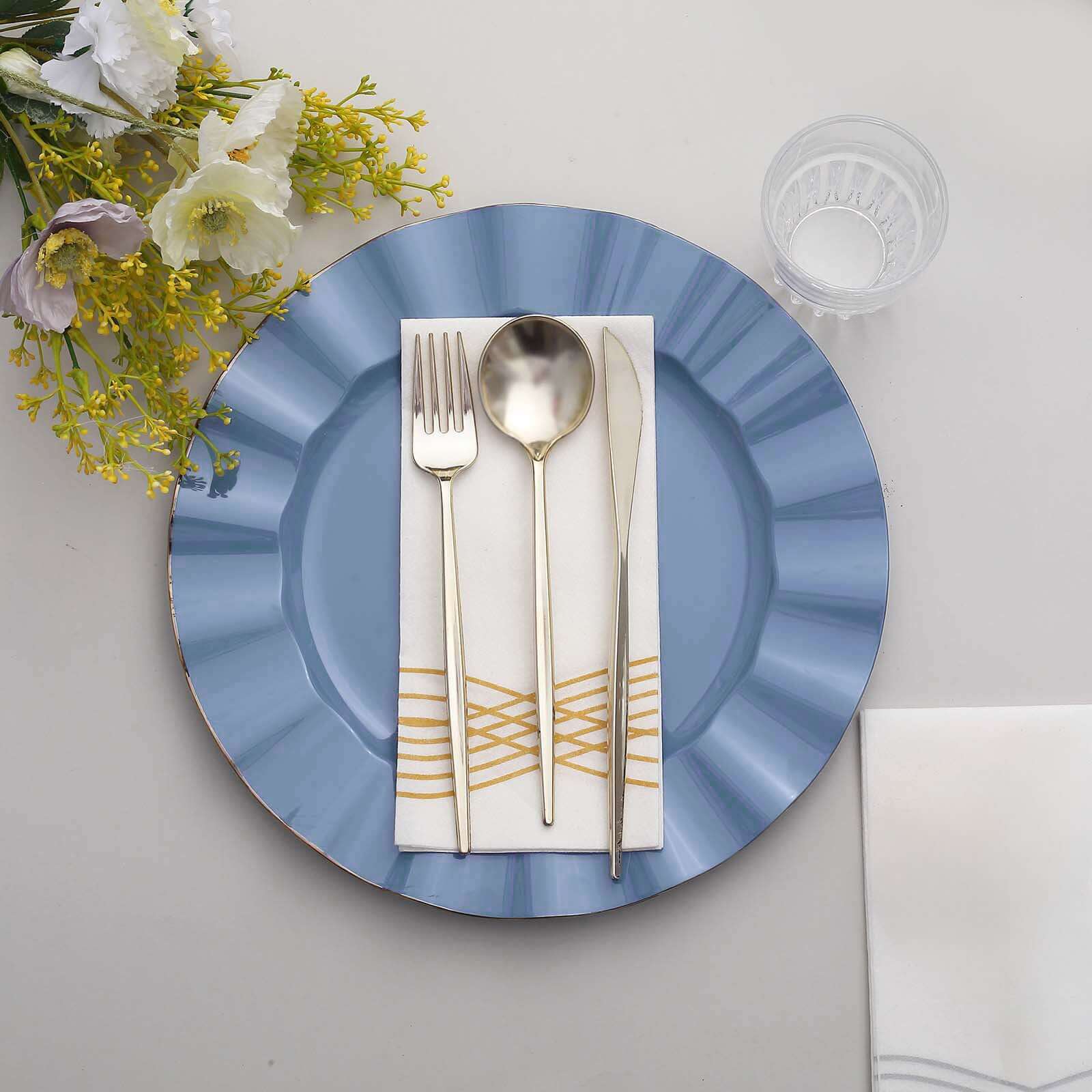 10-Pack Plastic 11" Round Dinner Plates in Ocean Blue Ruffled Rim with Gold Edging - Sturdy Disposable Dinnerware
