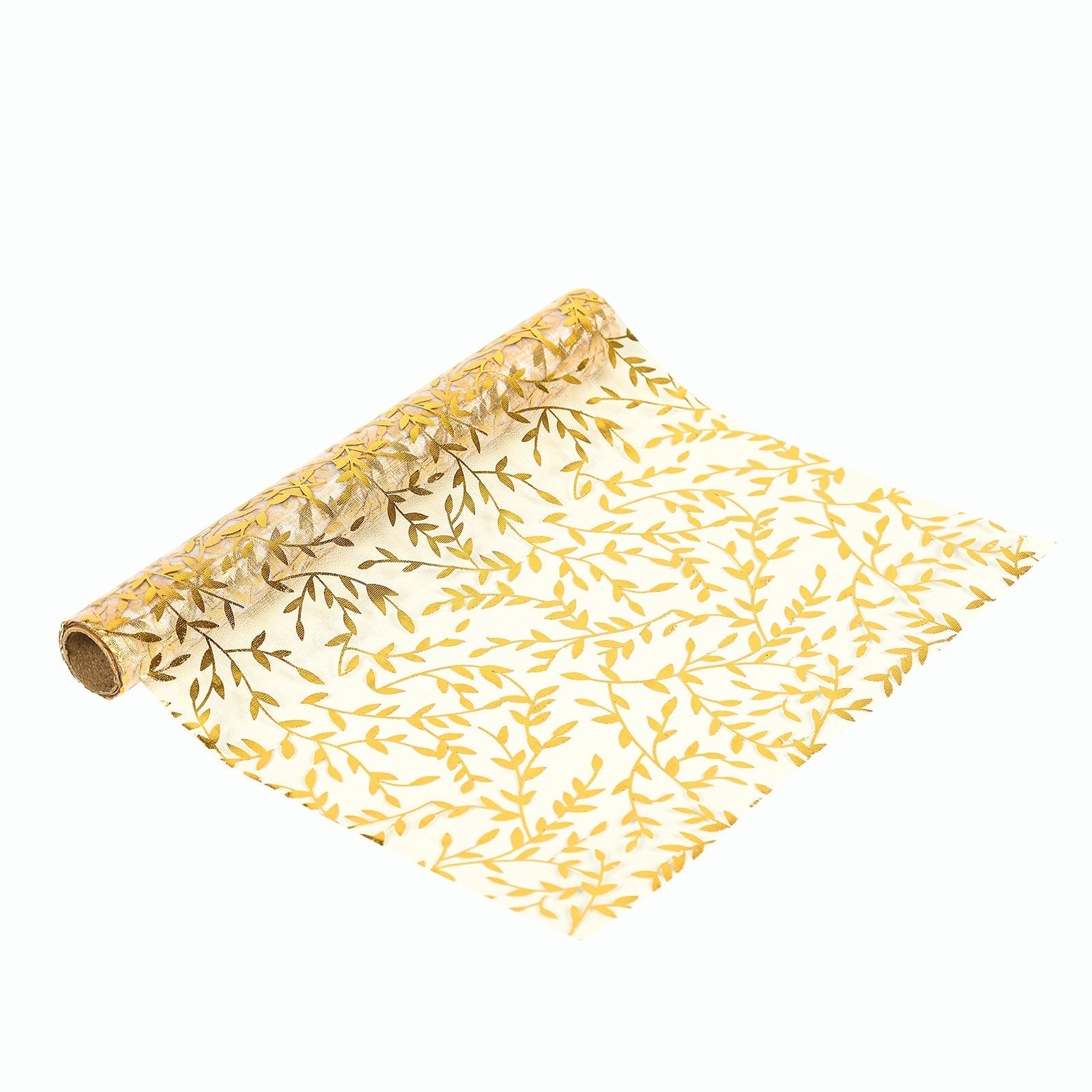 5 Pack Organza Mesh 11"x108" Table Runner Rolls White with Gold Foil Leaf Vines - Disposable Stylish & Chic Table Decor