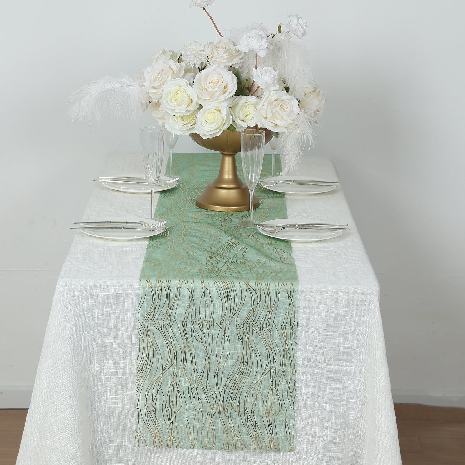 5 Pack Organza 12"x108" Table Runners Hunter Emerald Green - Gold Wave Design