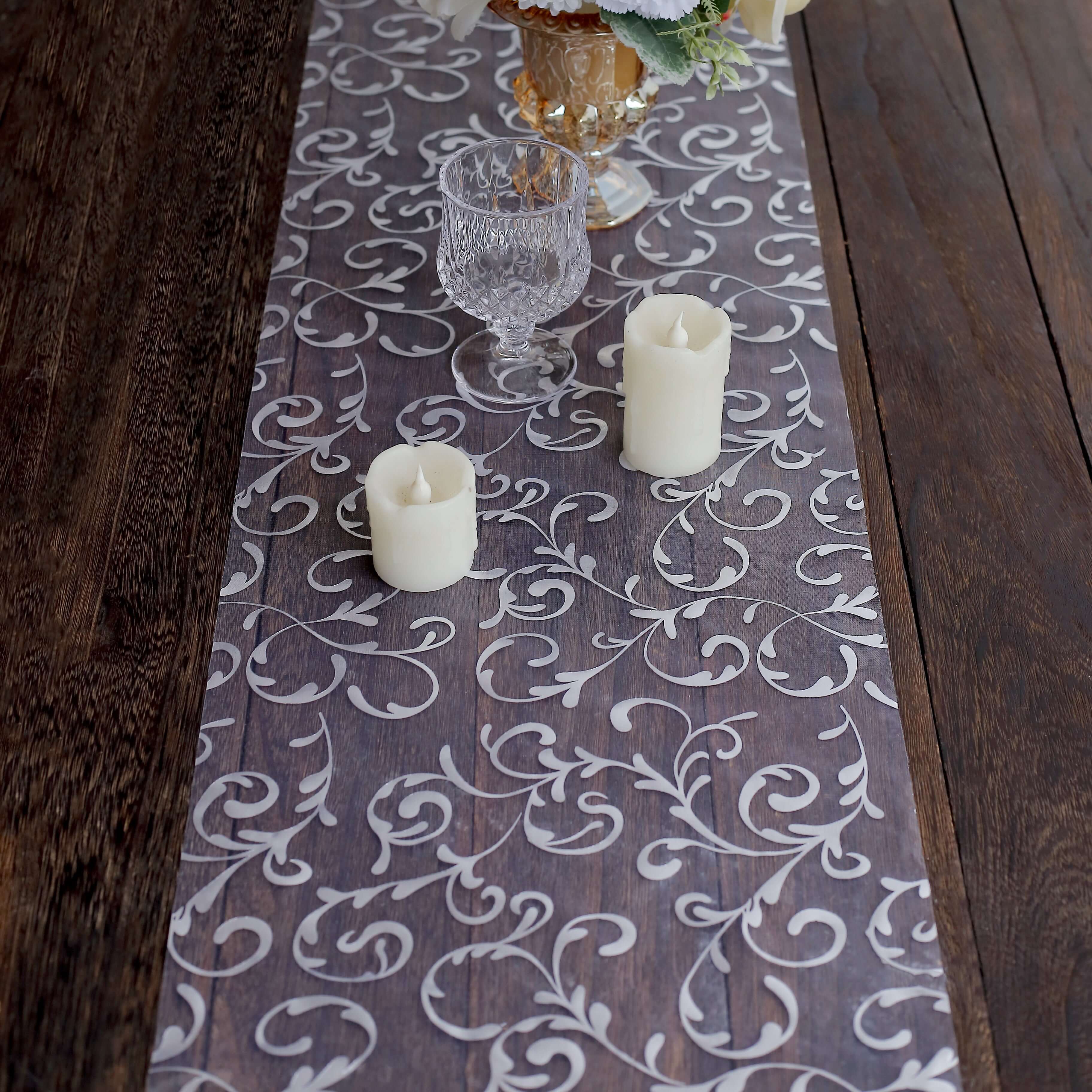 Sheer Organza 12"x108" Table Runner Roll Metallic Silver Foil Embossed Floral Design - Stylish Event Decoration