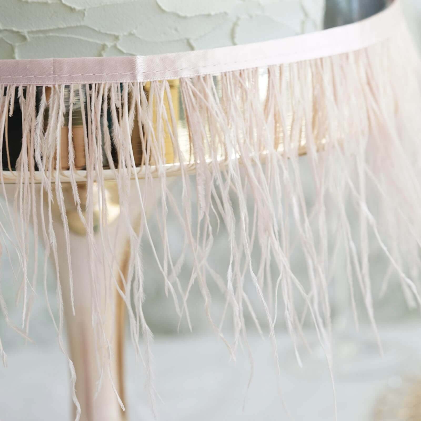 39" Dusty Rose Real Ostrich Feather Fringe Trim With Satin Ribbon Tape