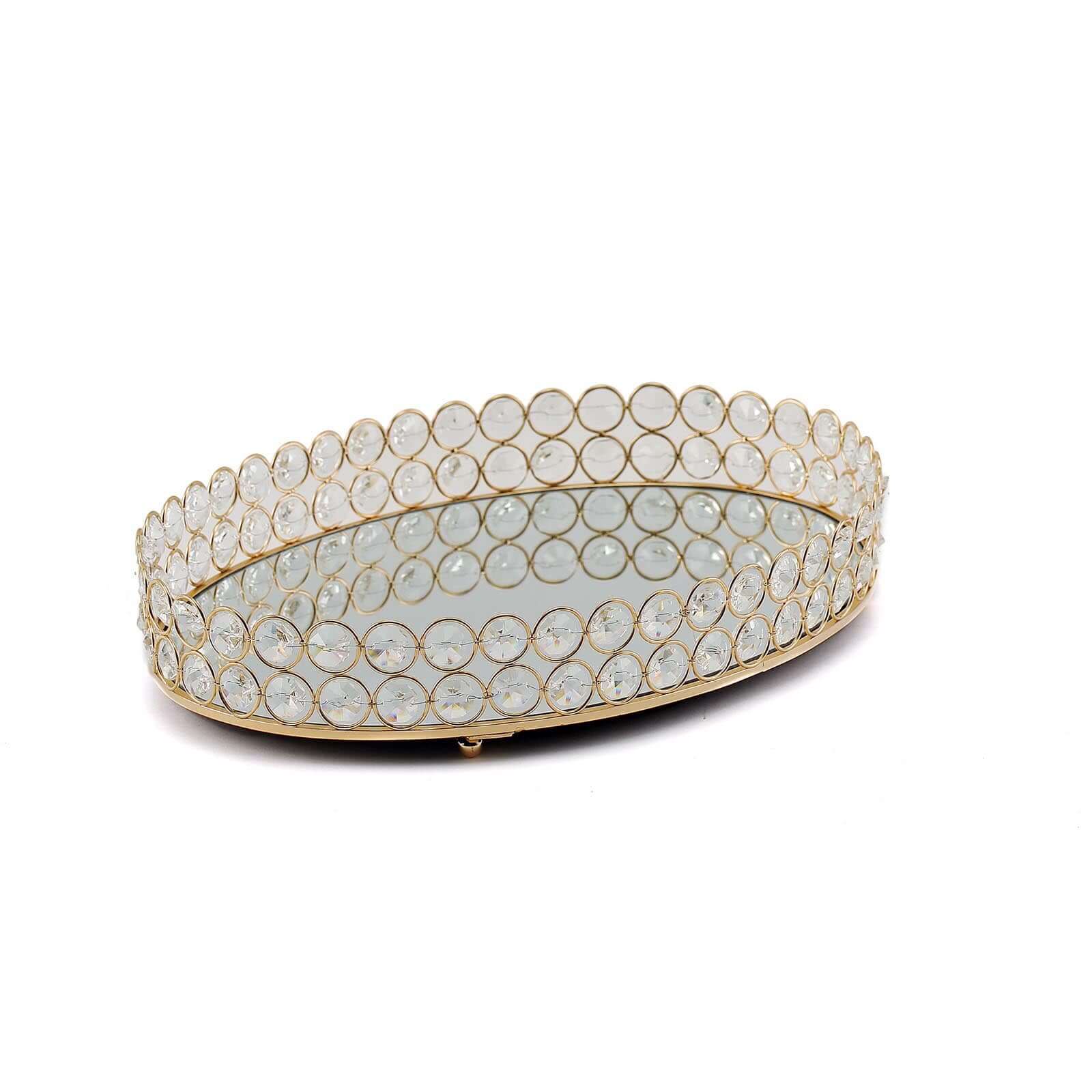 Gold Metal Crystal Beaded Mirror Oval Vanity Serving Tray, Decorative Tray - Medium 14"x10"