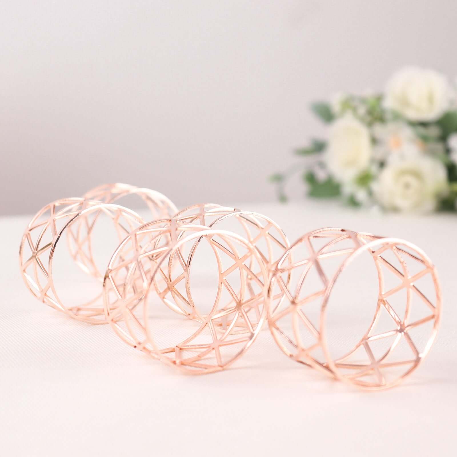 5 Pack Metallic Blush Rose Gold Geometric Napkin Rings, Paper Napkin Holders