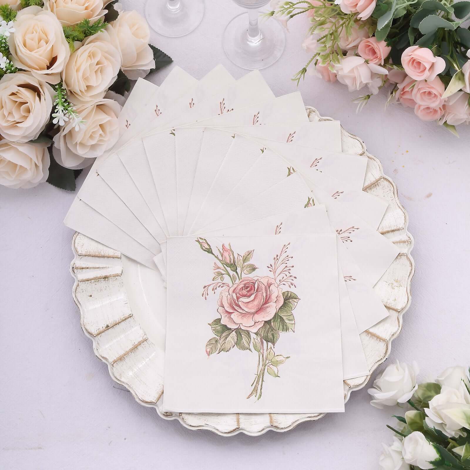 50-Pack Paper Beverage Napkins with Pink Floral Design Ivory - 2 Ply Soft 18GSM Rose Garden Wedding Napkins 6.5"x6.5"