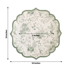 25-Pack Paper 10" Round Dinner Plates in White with Sage Green French Toile Design & Scalloped Rim - Disposable 300GSM Party Plates for Classy Events & Special Occasions