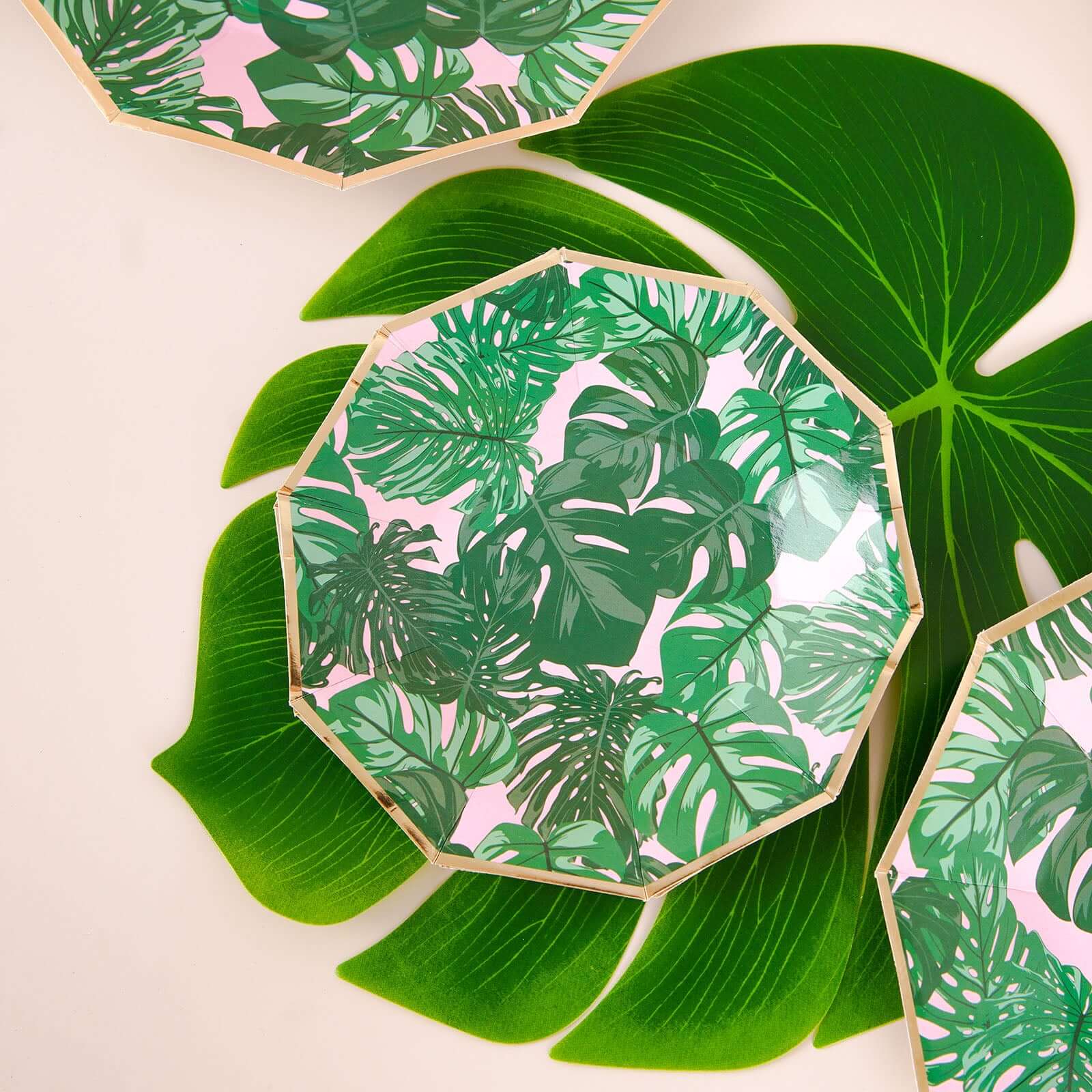 25-Pack Paper 7" Decagon Dessert Plates in Pink with Green Tropical Palm Leaves & Gold Rim - Disposable Geometric Appetizer Salad Plates for Boho Chic & Jungle Themed Events