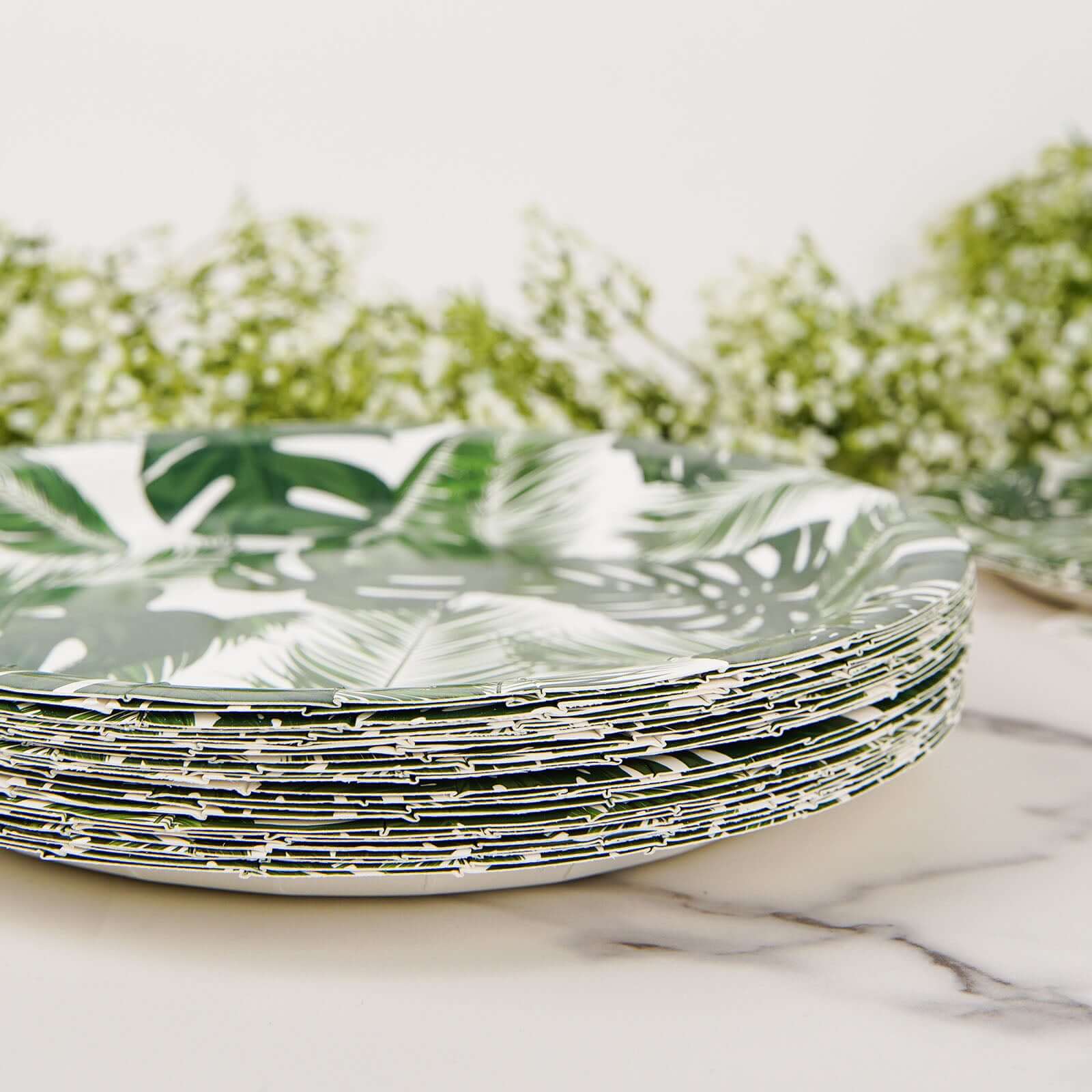 25-Pack Paper 7" Round Dessert Plates in White with Tropical Palm Leaf Design - Disposable 300GSM Appetizer Salad Plates for Boho Chic & Jungle Themed Events