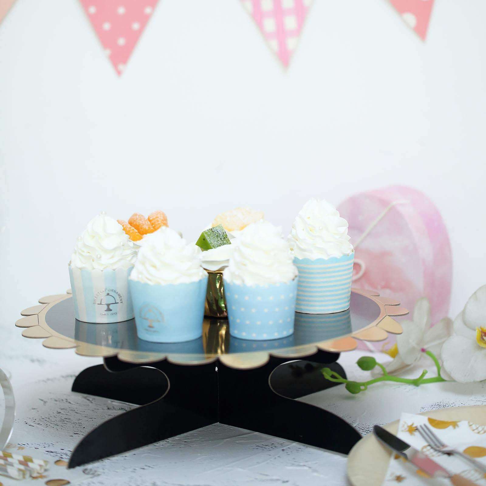 1-Tier Cardboard Cake Stand Black - Stylish Reusable Cupcake Dessert Holder with Gold Scalloped Rim for Baby Showers Birthdays & Events 13"