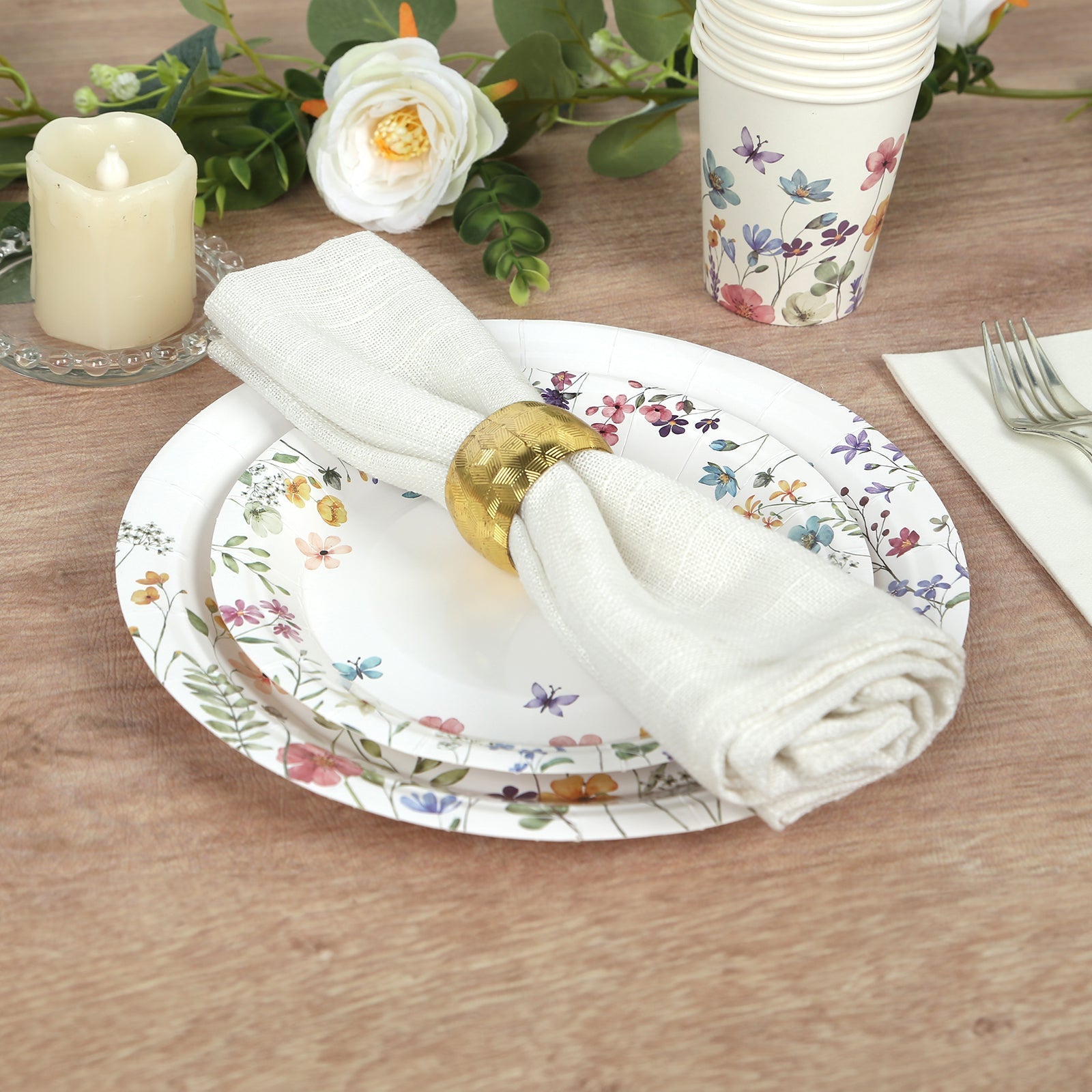 72 Pcs Paper Plates and Cups Set in White with Wildflower Butterfly Print - Disposable Party Supplies for Spring & Garden Themes