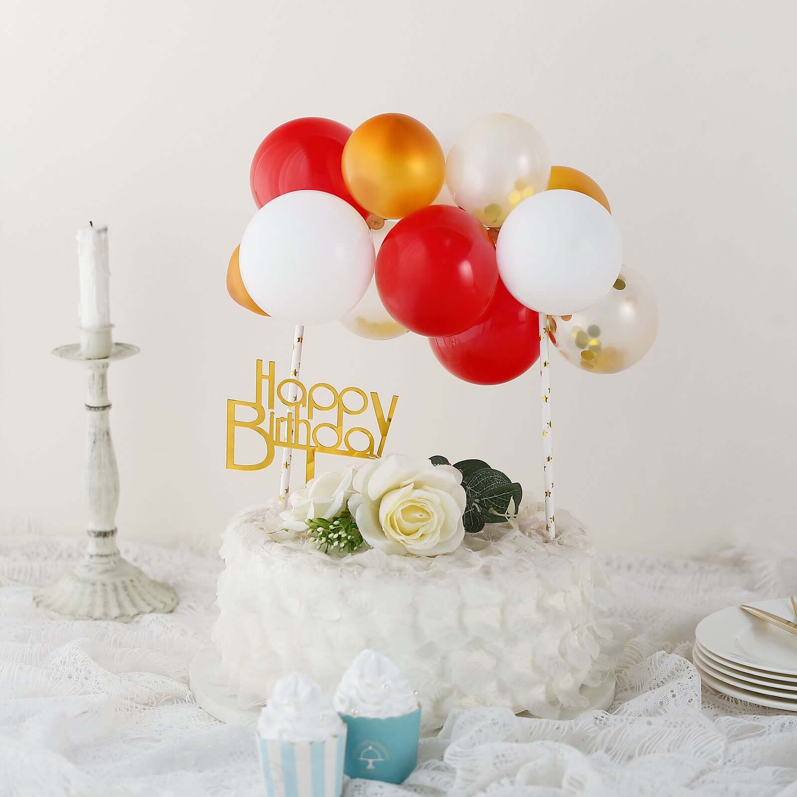 11 Pcs Balloon Cake Topper Clear, Gold, Red and White - Whimsical Clustered Mini Garland Cake Inserts DIY Party Decorations