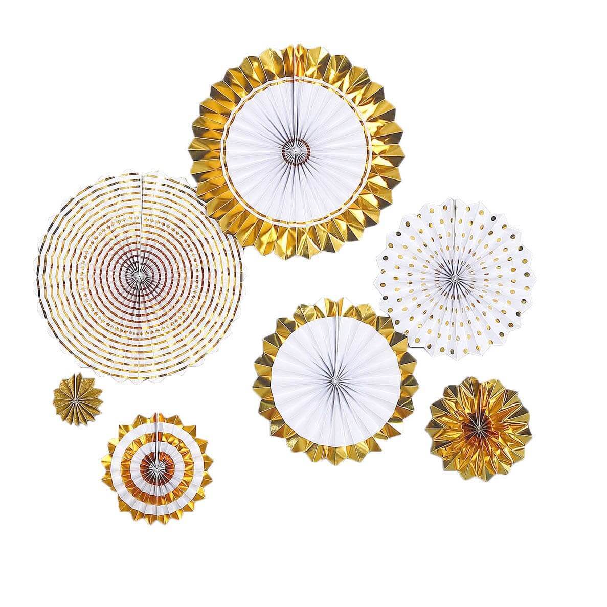 Set of 8 Gold White Hanging Paper Fan Decorations, Pinwheel Wall Backdrop Party Kit - 4", 8", 12", 16"