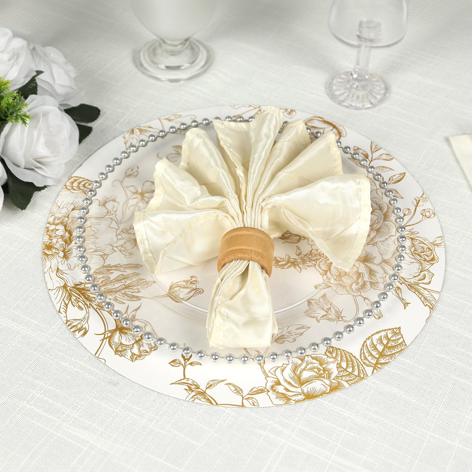 6-Pack Disposable Table Placemats in French Toile Print 13" in White/Gold - Chic Floral Cardboard Placemats for Stylish Table Setting