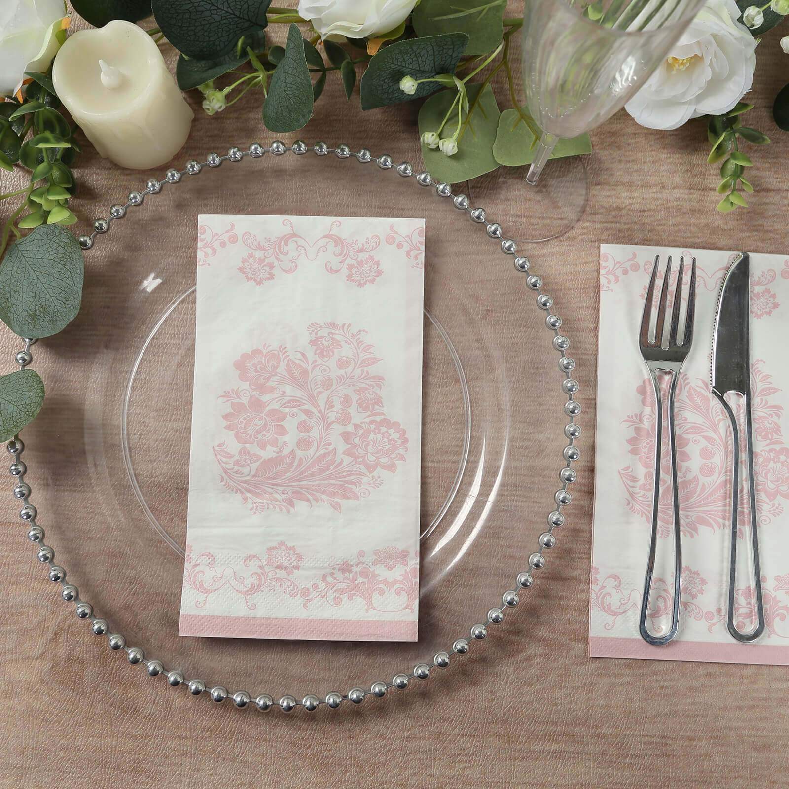 50-Pack Paper Dinner Napkins White with Pink Damask Floral Pattern 2-Ply - Stylish Disposable Napkins for Parties