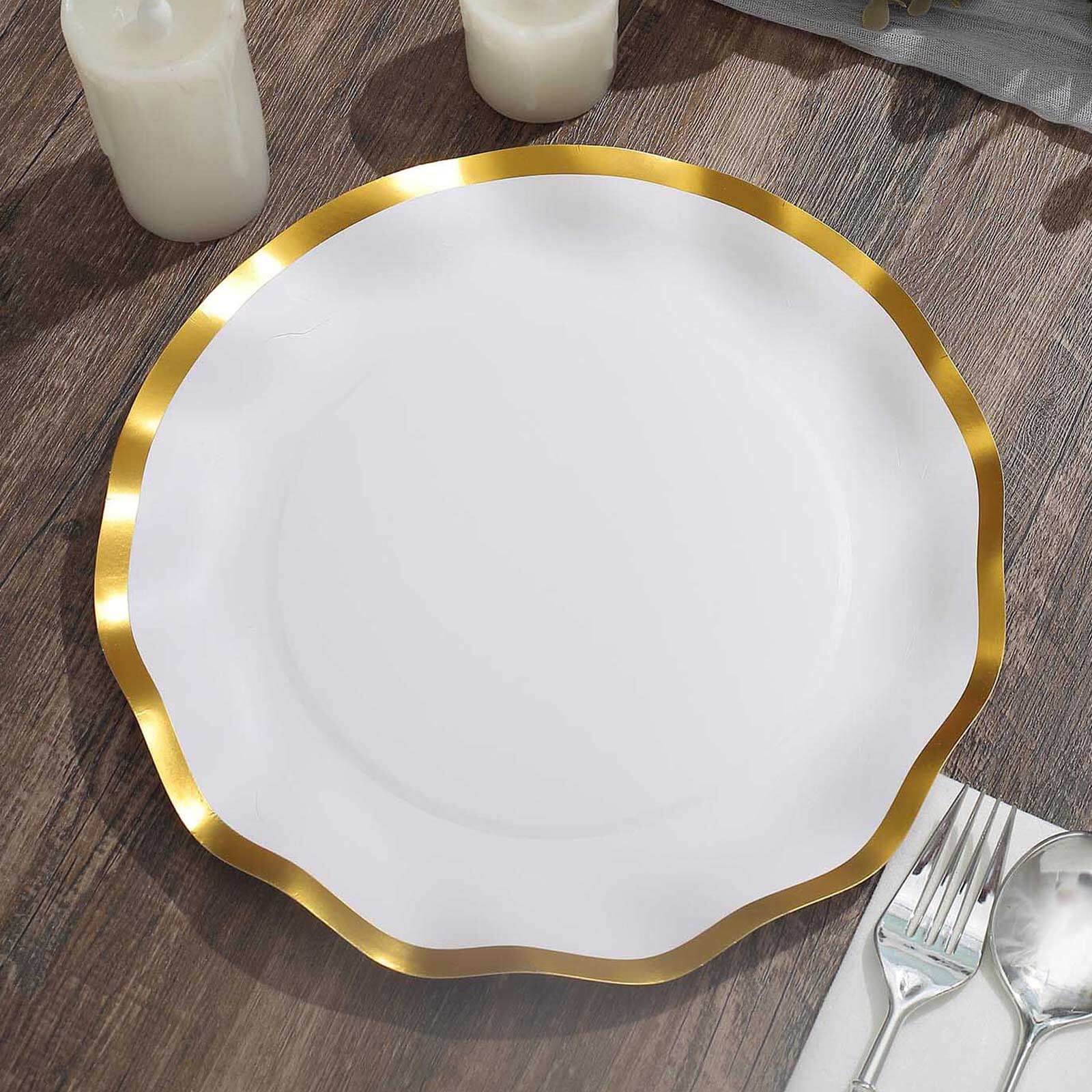 25-Pack Paper Round Dinner Plates 10" Matte White with Gold Wavy Rim - Disposable 350GSM Party Plates for Banquets & Upscale Gatherings