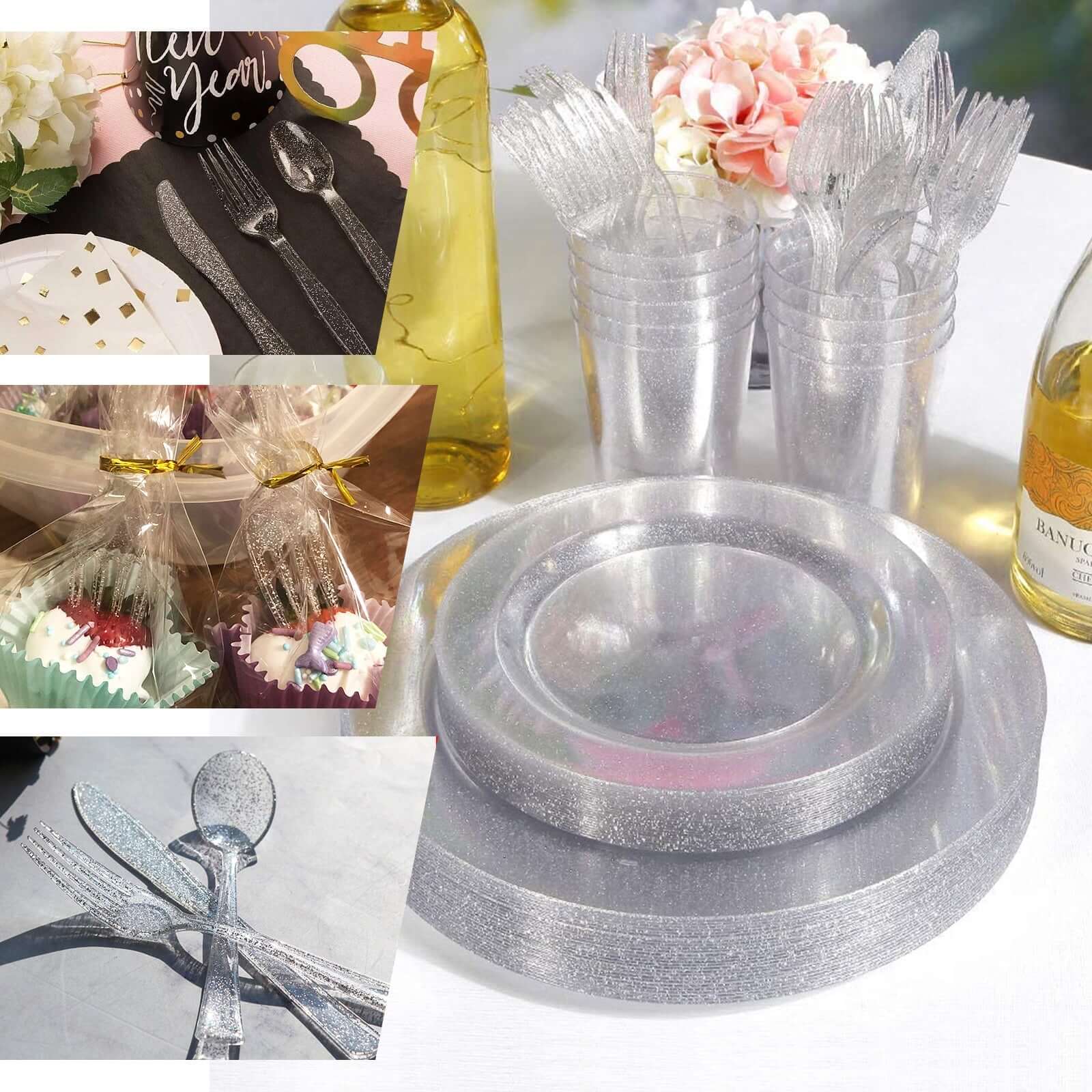 25-Pack Plastic Spoons Clear Silver Glitter Classic Heavy Duty - Decorative Disposable Tableware 7"