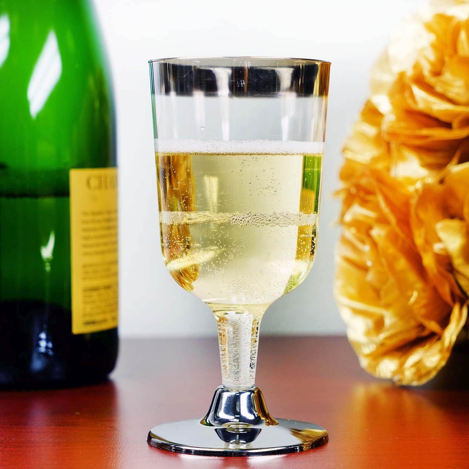 12-Pack Plastic Wine Glasses Clear with Chrome Silver Rim - Stylish Short Stem Disposable Cups for Parties 6oz