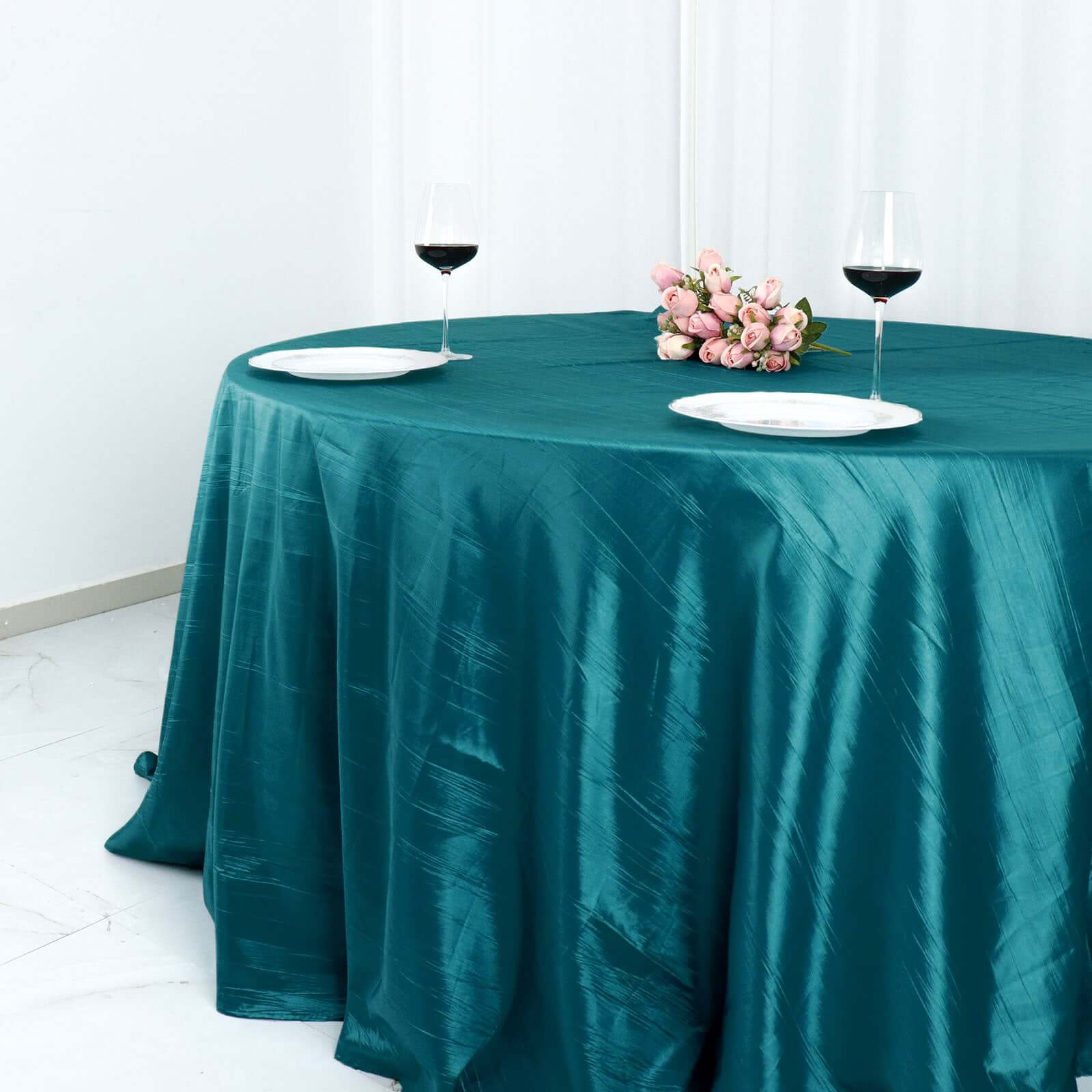 Taffeta 132" Round Tablecloth Peacock Teal - Seamless Accordion Crinkle Table Cover
