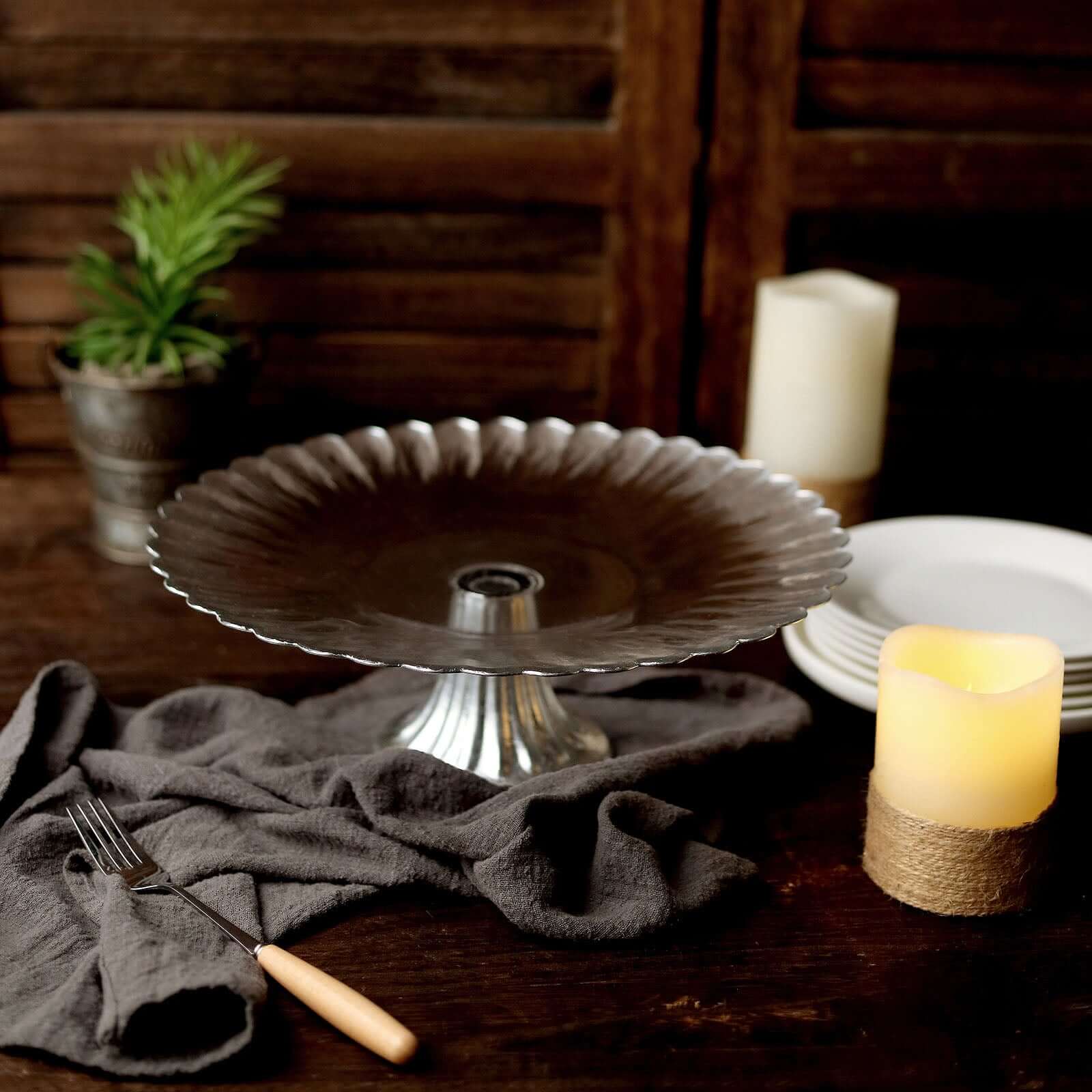 Glass Pedestal Cake Stand Wavy Edge Design Silver - Cupcake Holder and Dessert Display Plate 12"