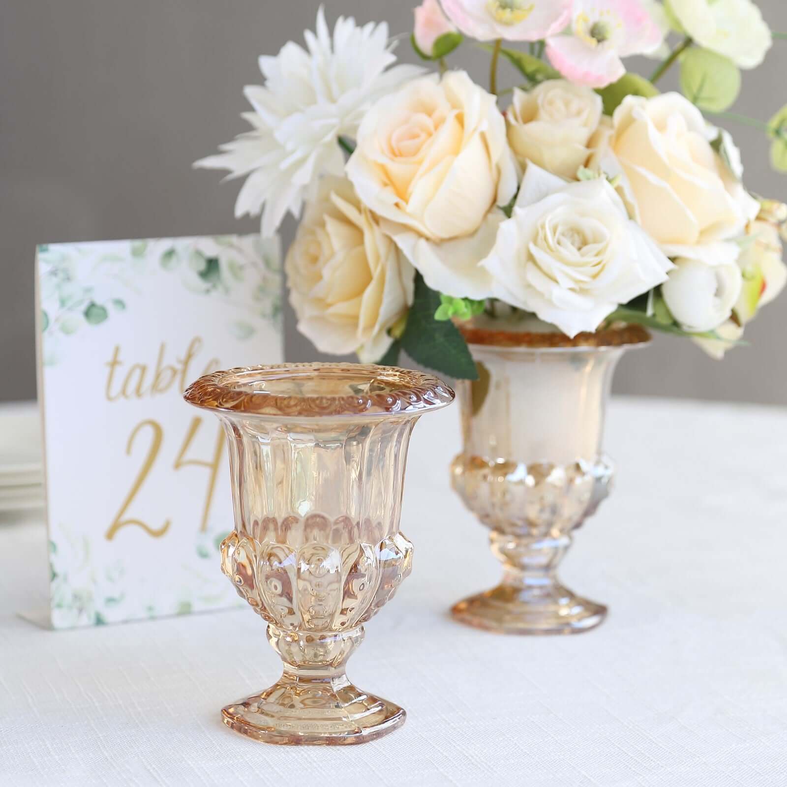 2-Pack Glass Mini Pedestal Flower Vases in Classic Roman Urn Style Amber Gold - Sophisticated Wedding Table Centerpieces 6"