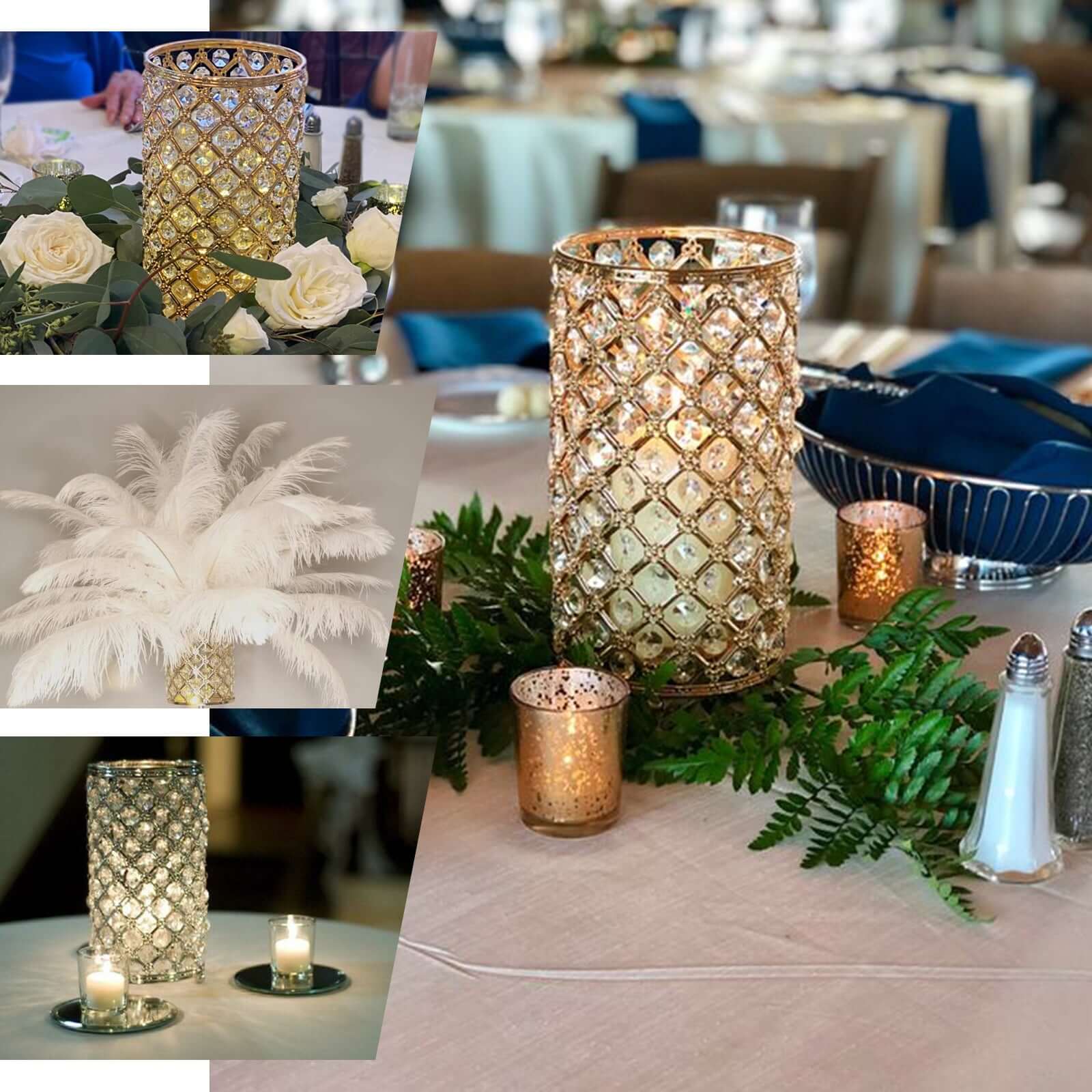 2-Pack Metal Crystal Beaded Pillar Holders Gold - Versatile Stem Vase Set for Decor 9"