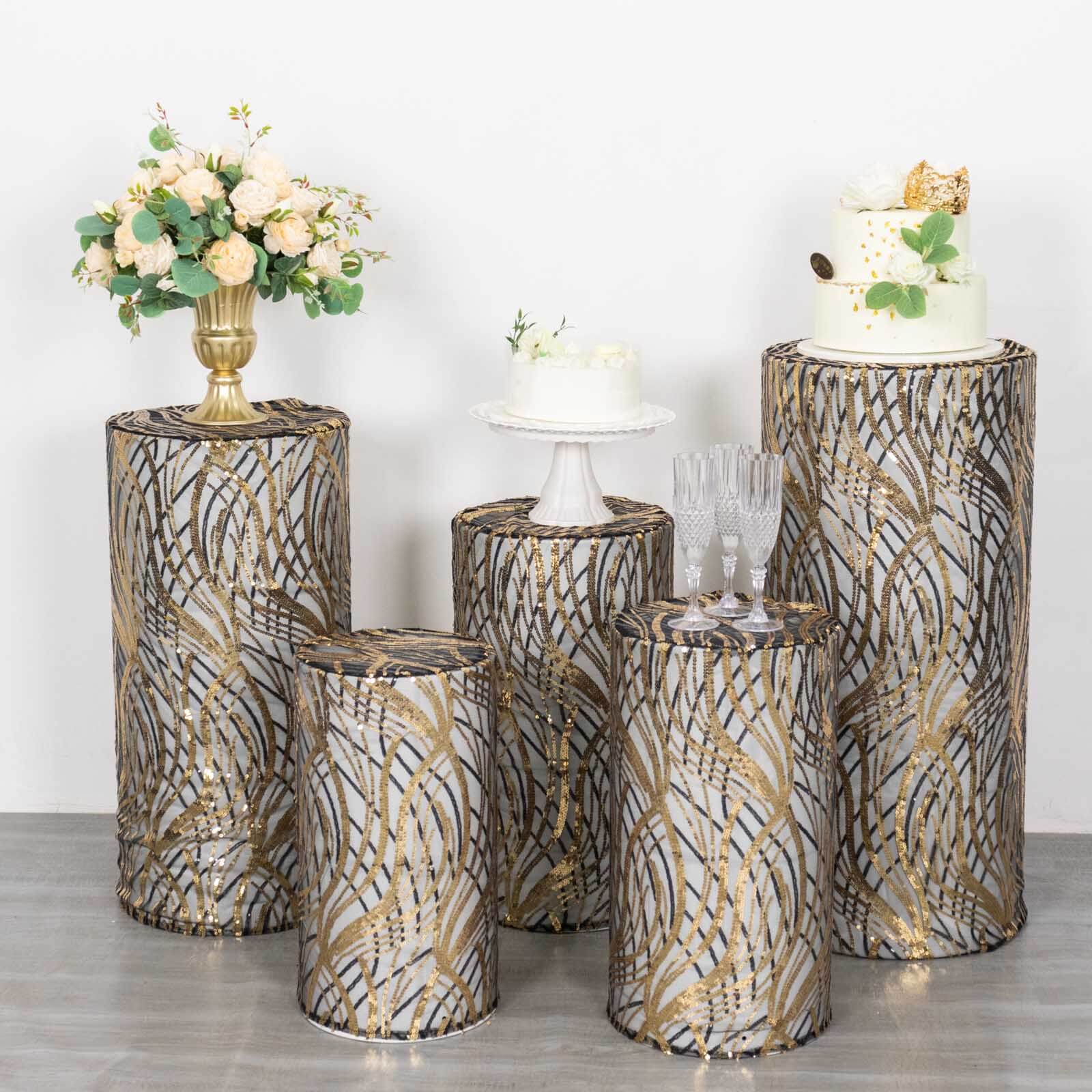Set of 5 Black Wave Mesh Cylinder Pedestal Stand Covers with Embroidered Sequins, Pillar Prop Covers - 160 GSM