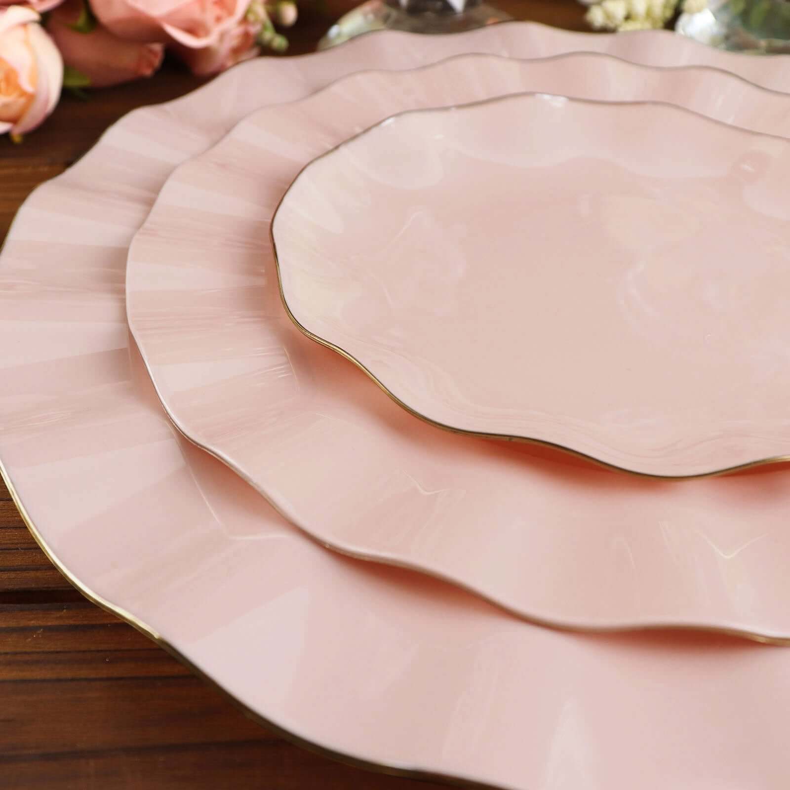 10-Pack Plastic Round 6" Dessert Plates in Blush Ruffled Rim with Gold Edging - Sturdy Disposable Salad Appetizer Dinnerware