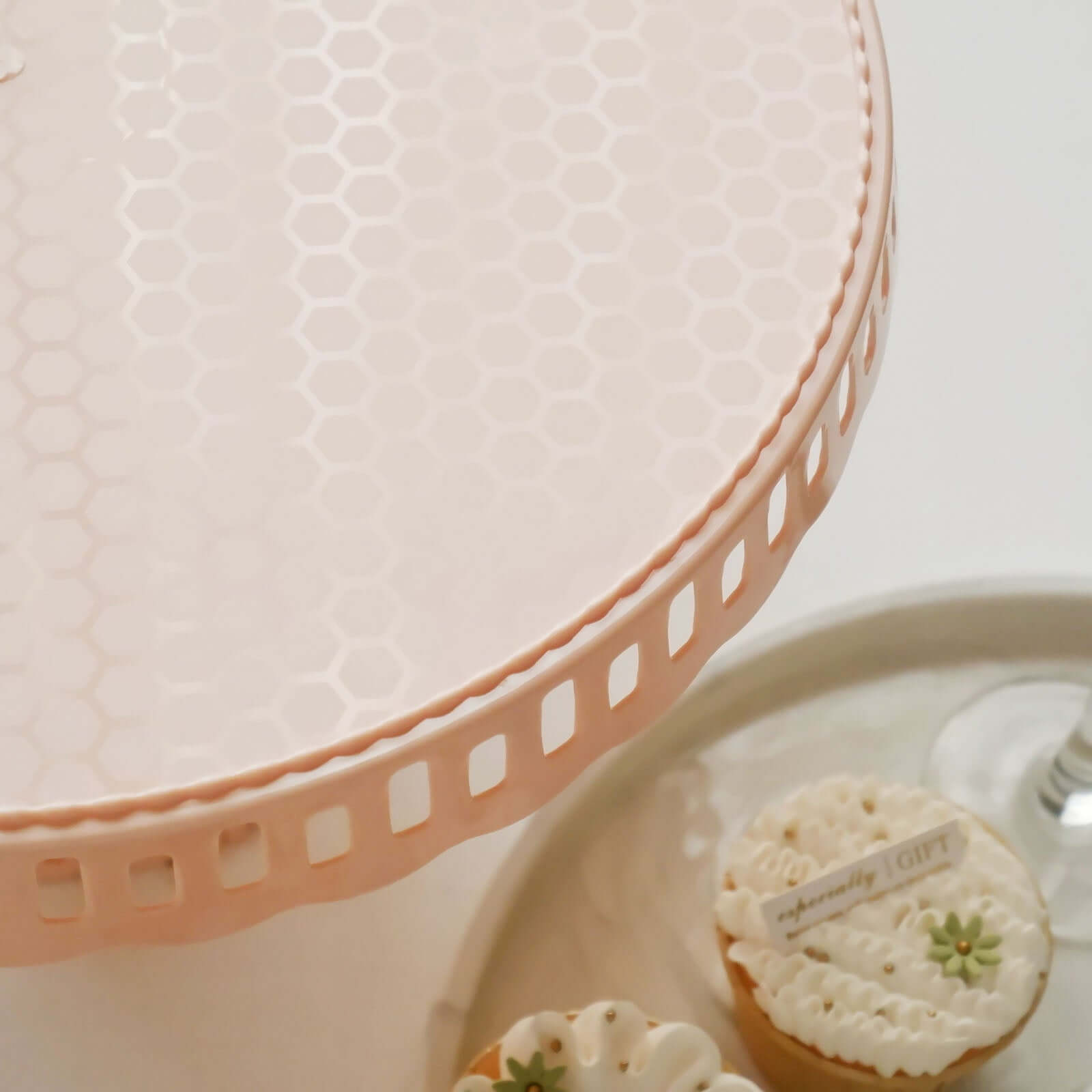 4-Pack Plastic Round Pedestal Cake Stands Blush - Reusable Cupcake Pastry Display Risers with Hollow Ribbon Trim Edges for Stylish Dessert Presentation 13"