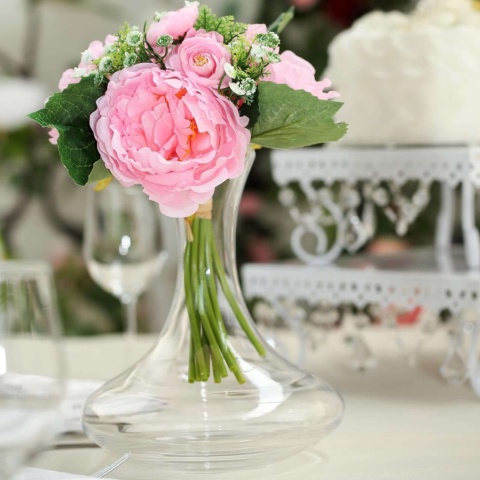 12" Pink Artificial Silk Peonies Bouquet, Faux Peony Spray Bush