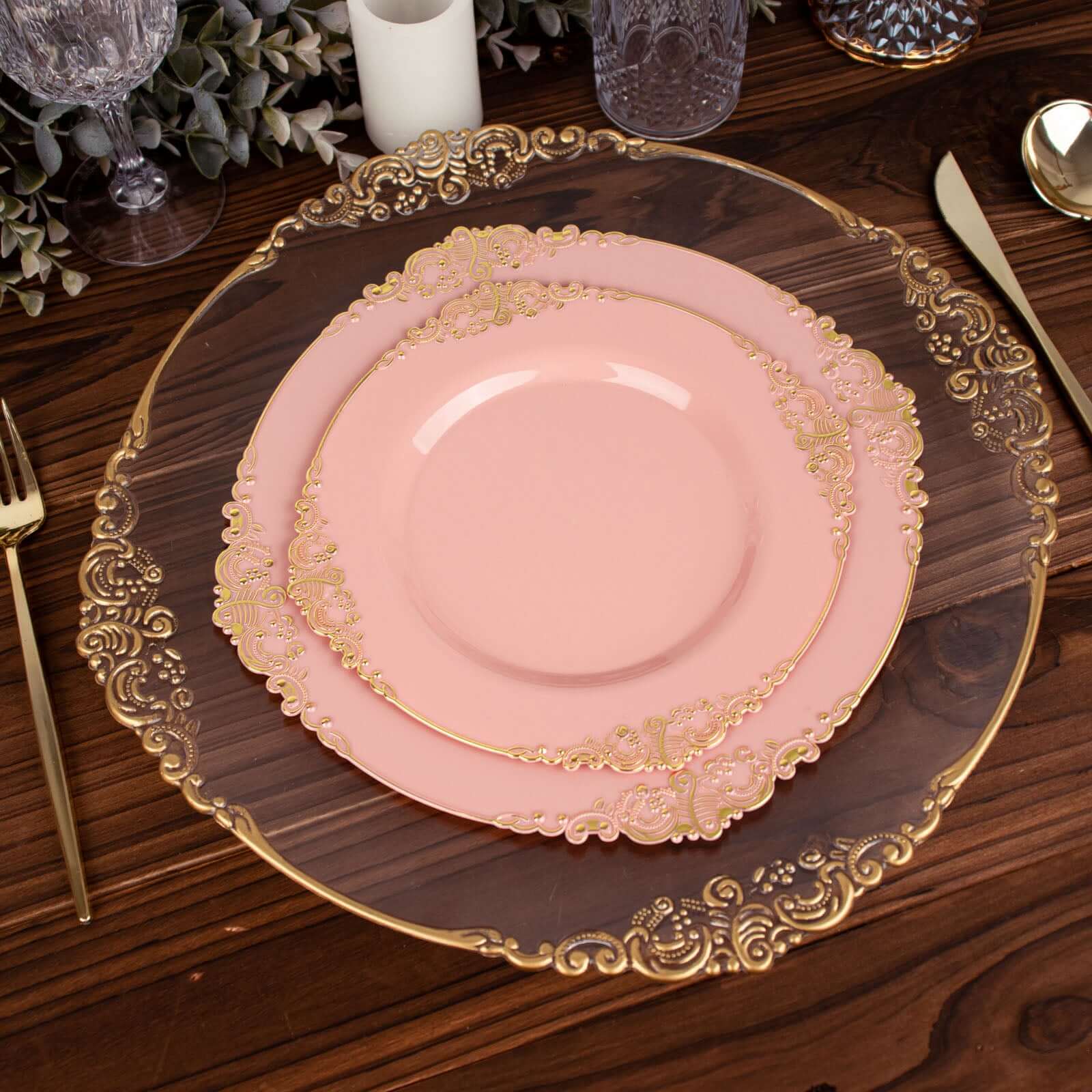 10-Pack Plastic 8" Round Dessert Plates in Dusty Rose with Gold Leaf Embossed Rim - Disposable Vintage Baroque Style Salad Plates