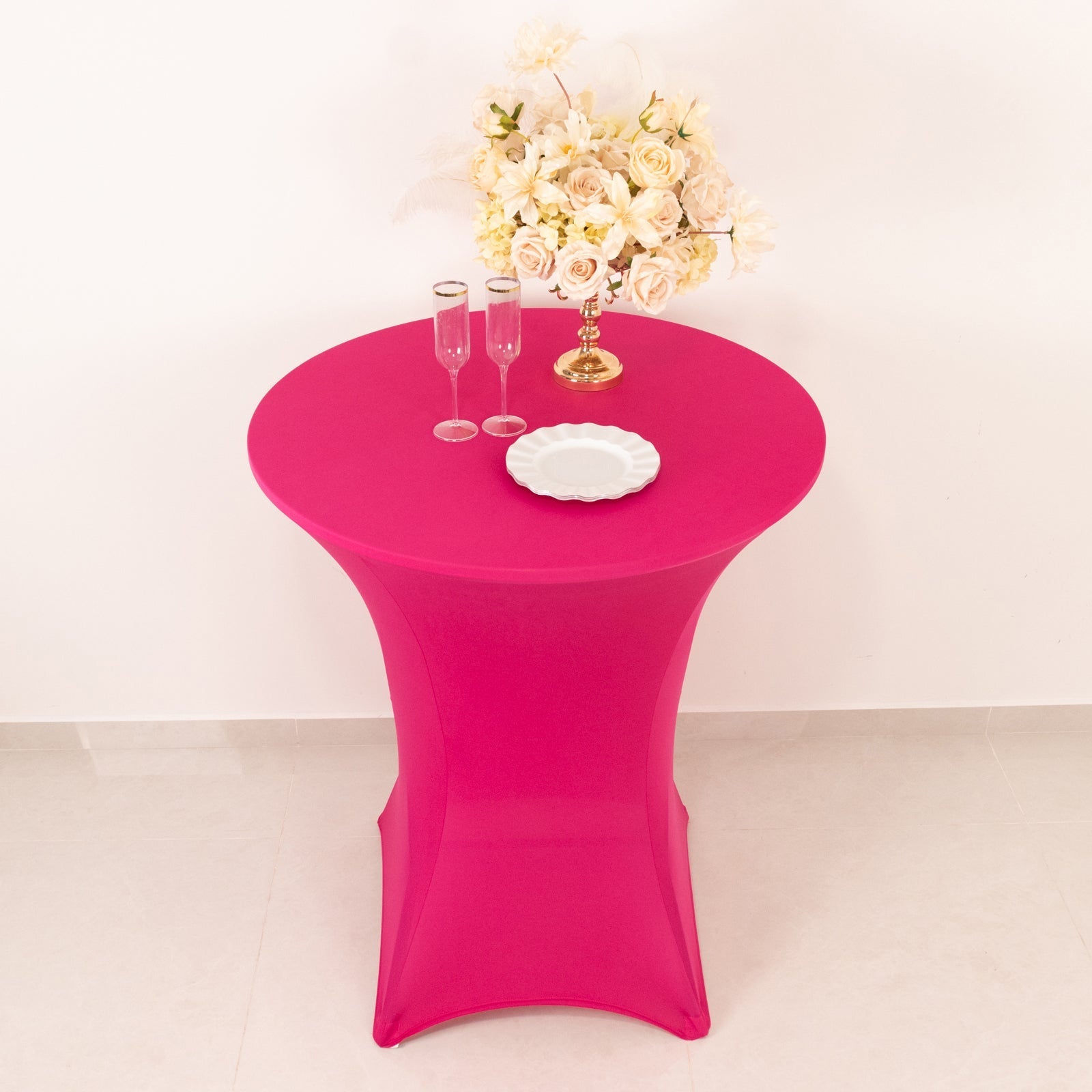 Spandex 33"-36" Round Cocktail Table Cover Fuchsia - Easy to Maintain Stretch Fitted Highboy Tablecloth