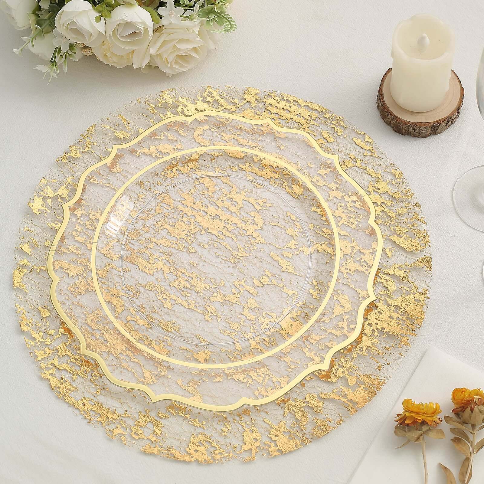 10-Pack Table Placemats Foil Design Metallic Gold Round - Mesh Disposable Shiny Dining Mats 13"