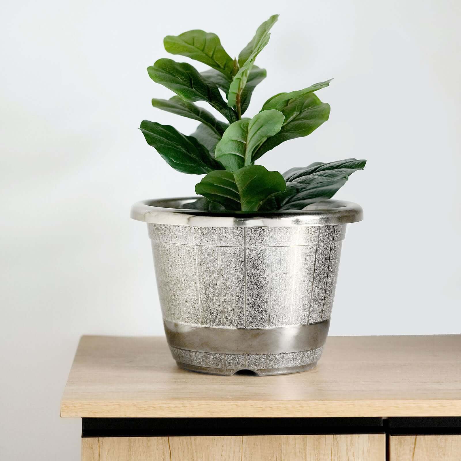 14" Silver Chrome Finished Rim Large Barrel Planter Pot, Indoor Outdoor Decorative Flower Pot